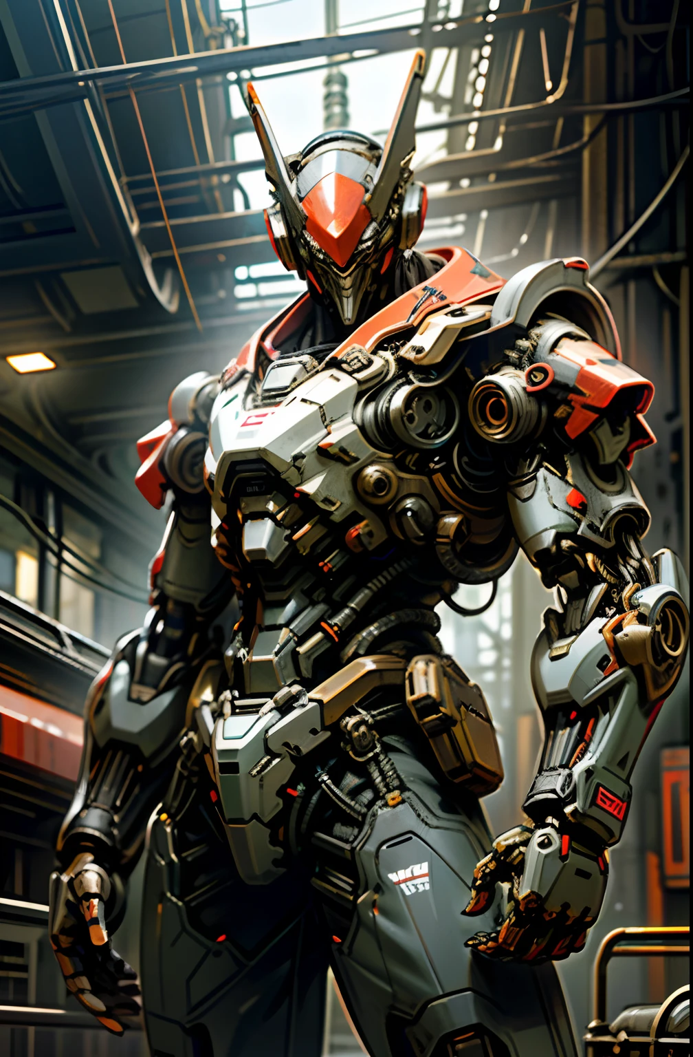 Dark_Fantasy,Cyberpunk,(chain saw,chain saw man,Red:1.1),1man,Mechanical marvel,Robotic presence,Cybernetic guardian, wearing a worn-out mech suit, intricate, (steel metal [rusty]), elegant, clear focus, shot by greg rutkowski, soft lighting, vibrant colors, masterpiece, ((street)), cowboy shot, dynamic pose,