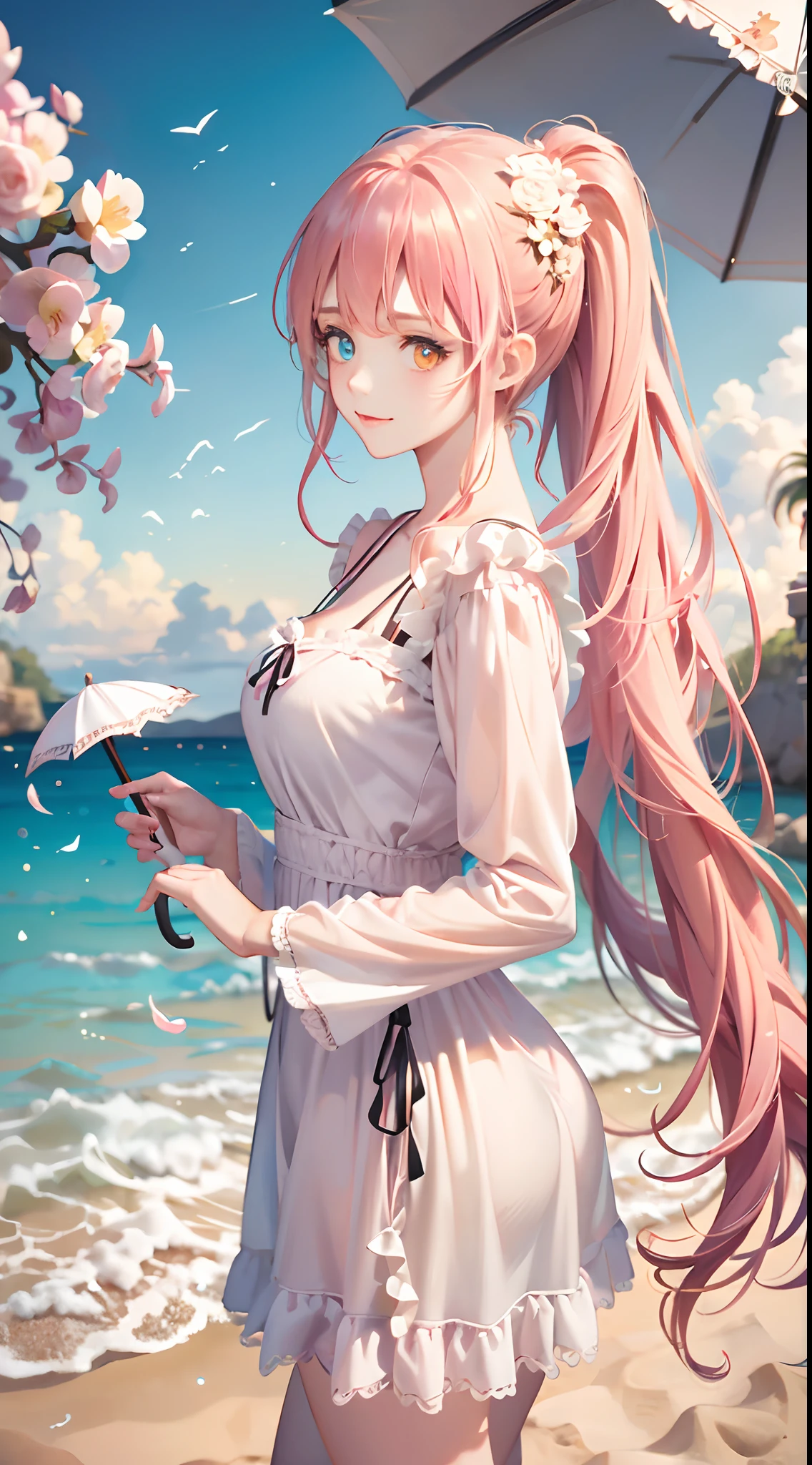 Long pink hair and double ponytail，The pupils of the eyes sparkle，Heterochromia，Girl holding a flower umbrella，sandbeach，Blue sky，baiyun，Light wind，Coquettish and cute expression，ultra HD wallpaper，3Drenderingof