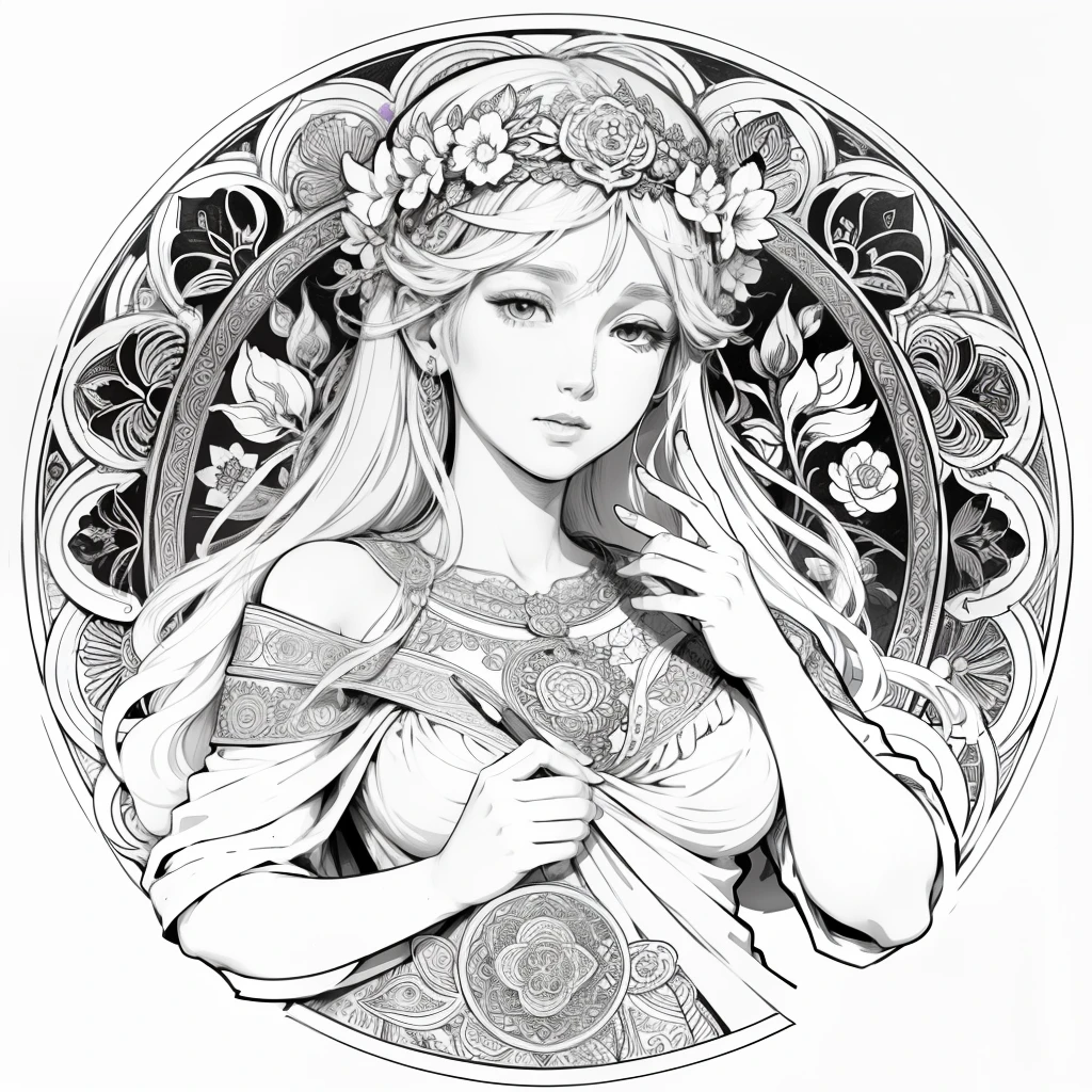 Flowers and goddess, ploynesian, garden, art for coloring book page, full white background, only use outline, line art, coloring book, clean line art, mandala for coloring with nature ornaments, simple and clean line art, coloring book page, adorned in Art Nouveau style, with a stroke of Alfons Mucha's brush, perfect details, real.