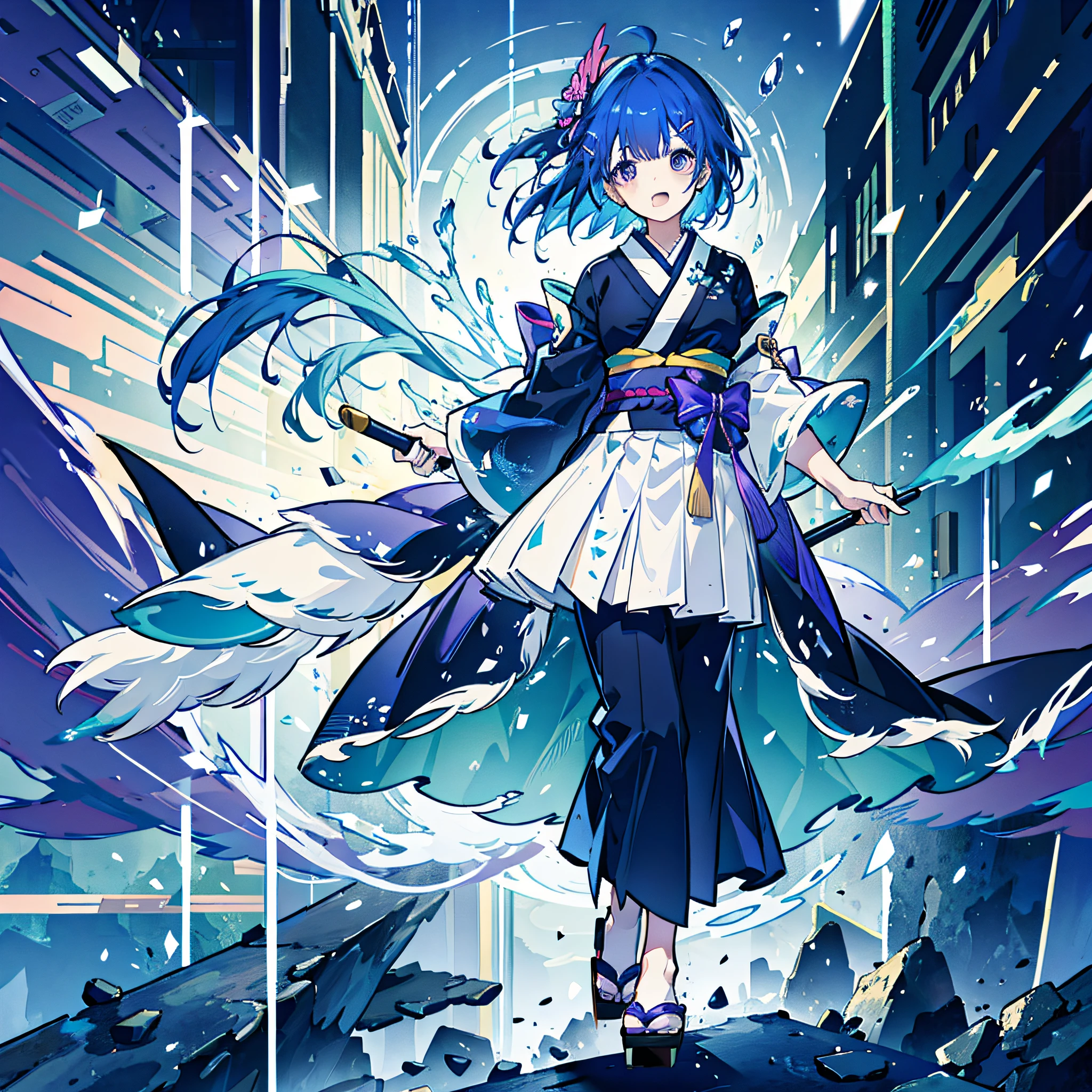 {best quality}, {{masterpiece}}, {highres}, original, extremely detailed 8K，full body,solo,tachie, {{simple background}} ,{{1 loli}}, {{laugh}},short hair,hair between eyes,ahoge,blue hair,hairclip,{{purple kimono}},geta,hairclip,no breast,laugh,standing,ninja