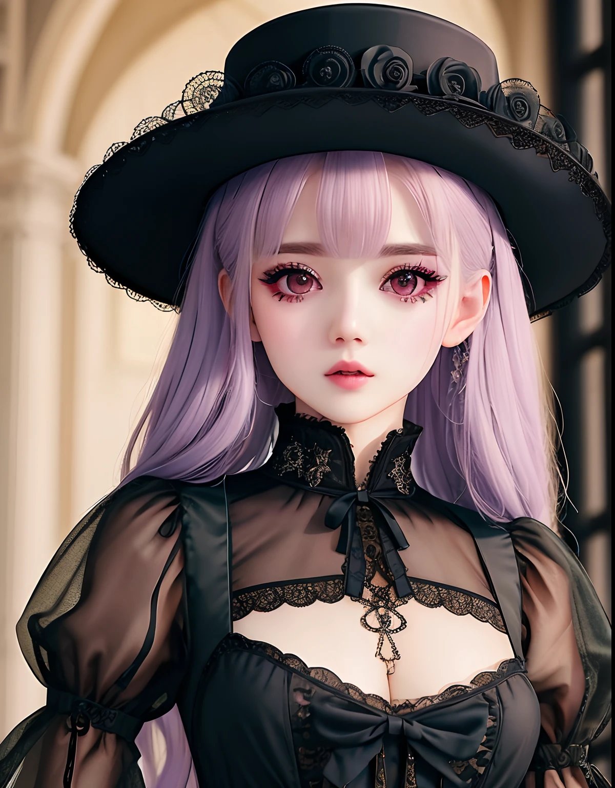 (Woman in military uniform gothic lolita)、​masterpiece、absurderes、nffsw、extremely detailed eye and face、GothGal、Runny nose makeup、See-through clothing、Ren Hao、embroideries、woman wearing a GothGal outfit、pale white skin、wearing a ballgown