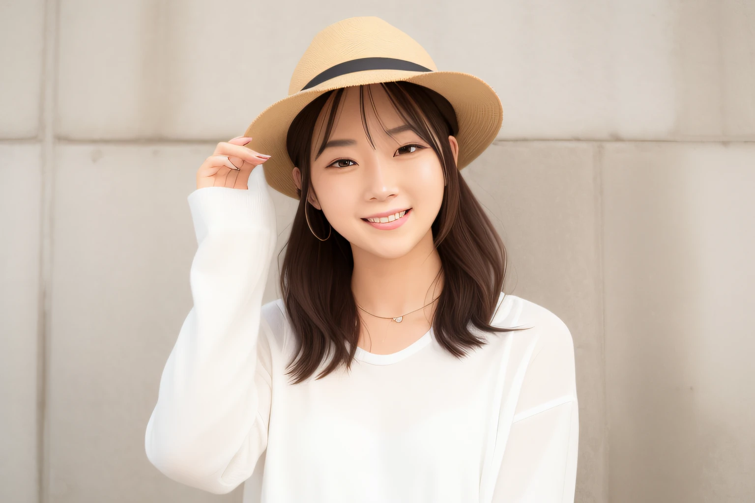 There is a woman in a hat and a white shirt, The same hat as in the photo, wearing a cute hat, she is wearing a hat, young cute wan asian face, Put on a cylinder hat, Wearing a chocker and a cute hat, wearing hat, 奈良美智, chiho, style of yoshii chie, A dark-haired,Laughing