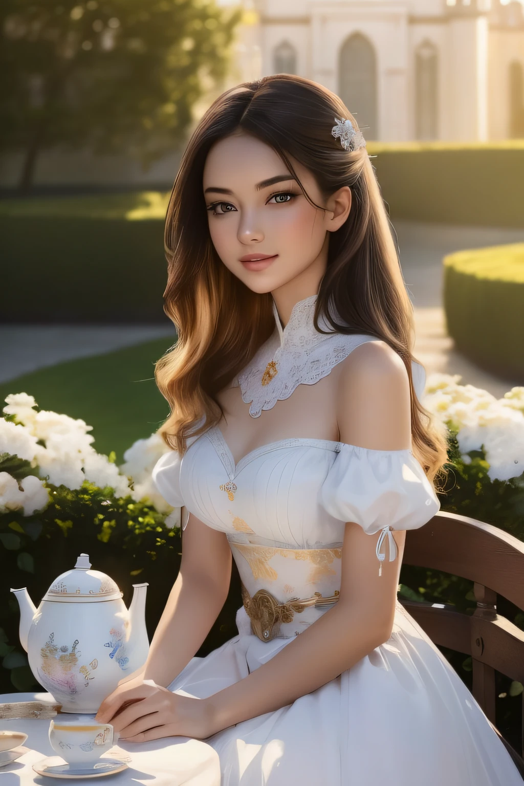((top-quality、masterpiece、photographrealistic:1.4、in 8K))、1 beautiful detailed woman、extremely detailed eye and face、beatiful detailed eyes、years、(Princess in dress like Disney princess)、Luxury accessories、Elegant smile、(Princess having tea party in the gorgeous garden of the castle、A castle in the background)、Beautiful lighting、Textured skin、Super Detail、high detailing、High quality、hight resolution、(looking at the viewers)、black tea、Antique teapot、Medieval European style