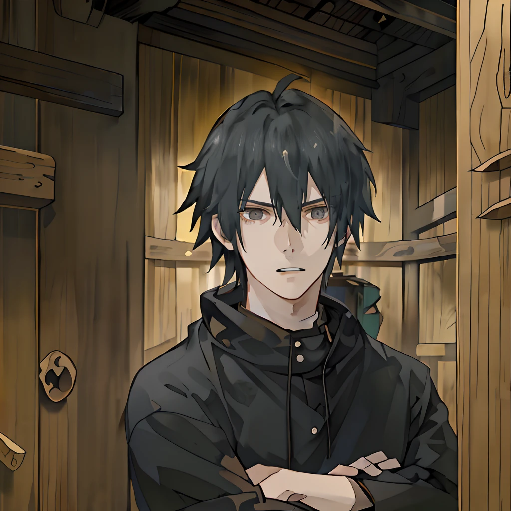 A boy with,with short black hair,Black sweatshirt,shocked expression,In a Japanese-style wooden house