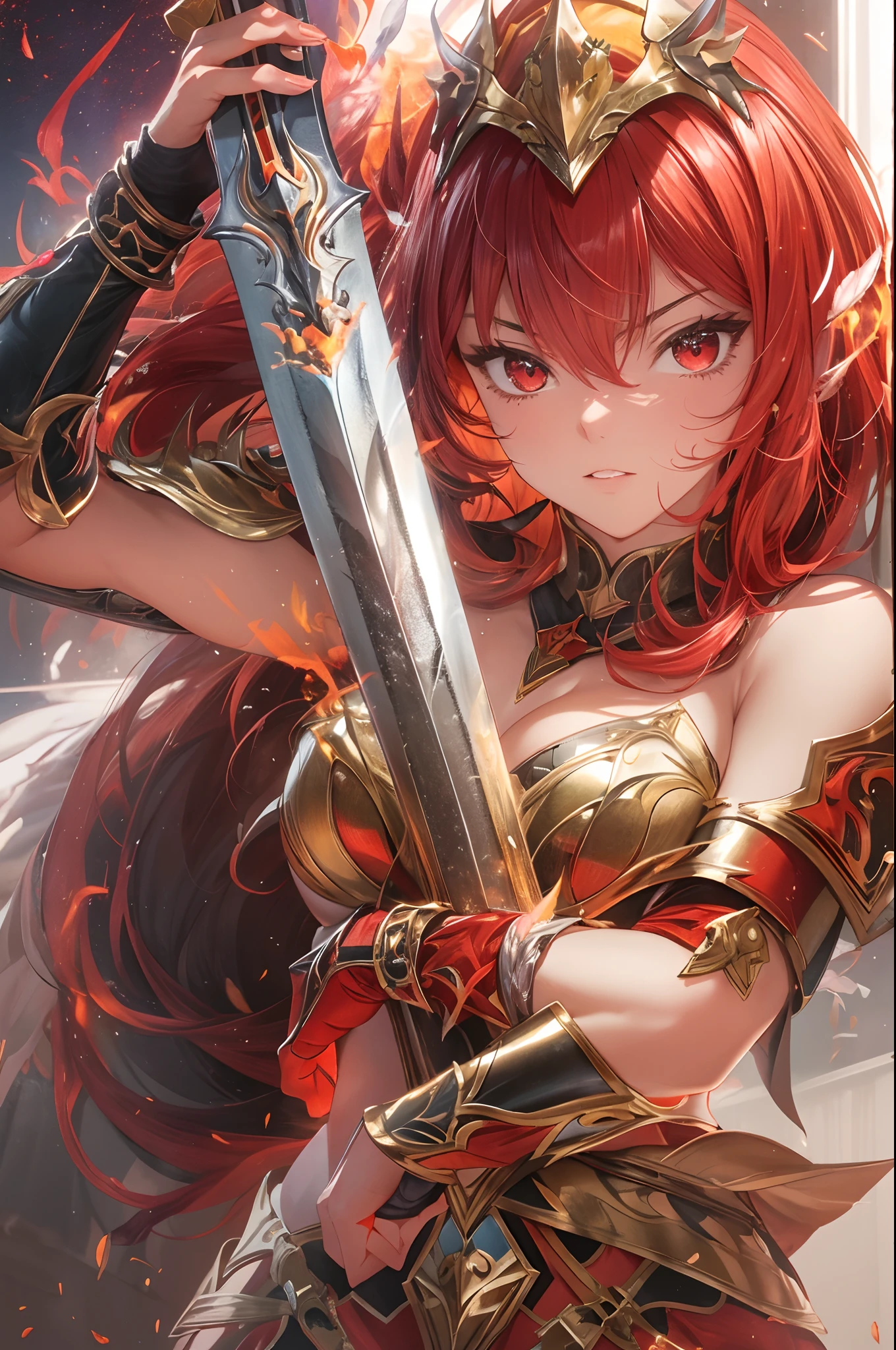 (masutepiece:1.5), the Extremely Detailed CG Unity 8K Wallpapers,(Realistic,Photorealsitic,hyper realisitic:1.5),(during daytime,bloom:1.4),(Curve,Model,glamor:1.5),Beautiful breasts,Farbe_aberration,beautiful detailed shadow,Beautiful eyes,Beautiful body,Beautiful skin,beautifull hands,(Red Western Armor:1.4),(Red hair,Long hair,Red Eyes:1.5)、(Holding a flaming sword in his hand,Holding a sword:1.4),(Large_breasts:1.5),Rin々Shishi Face,(A well-proportioned and perfect body:1.5),intricate detailes, from a_Below, shiny_skin, , side locks, (Hair fluttering in the wind:1.3), (Burning feathers:1.4),Anime girl with red hair and sword in front of the city, female redhead templar,redhead queen in heavy red armor, lady in red armor, Red armor, armor girl,super high saturation,(tmasterpiece), fully body photo,(best qualtiy), (1girll), starryskybackground,Wearing shiny gold armor, Sexy lingerie type armor,Expose your breasts,Exposing the waistline,Exposing thighs,Cool pose, Saint Seiya's Armor, dishevled hair,high detal, Anime style, Cinematic lighting, spark of light, God Light, Ray traching, film grains, hyper HD, textured skint, super detailing, anatomical correct, hight resolution,super high saturation,highly contrast,High-gloss armor,slick skin,serious facial expression,Dark room,