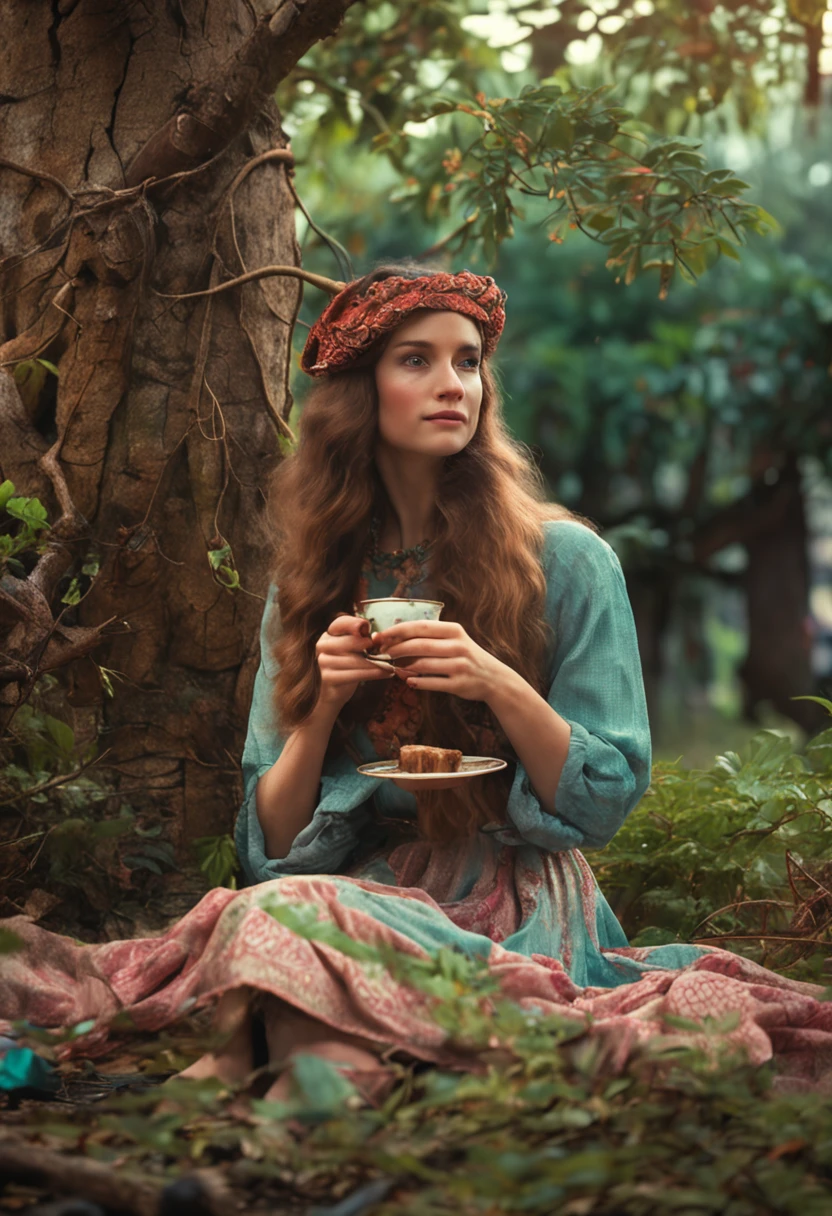 An antique long-haired girl drinking tea under a tree