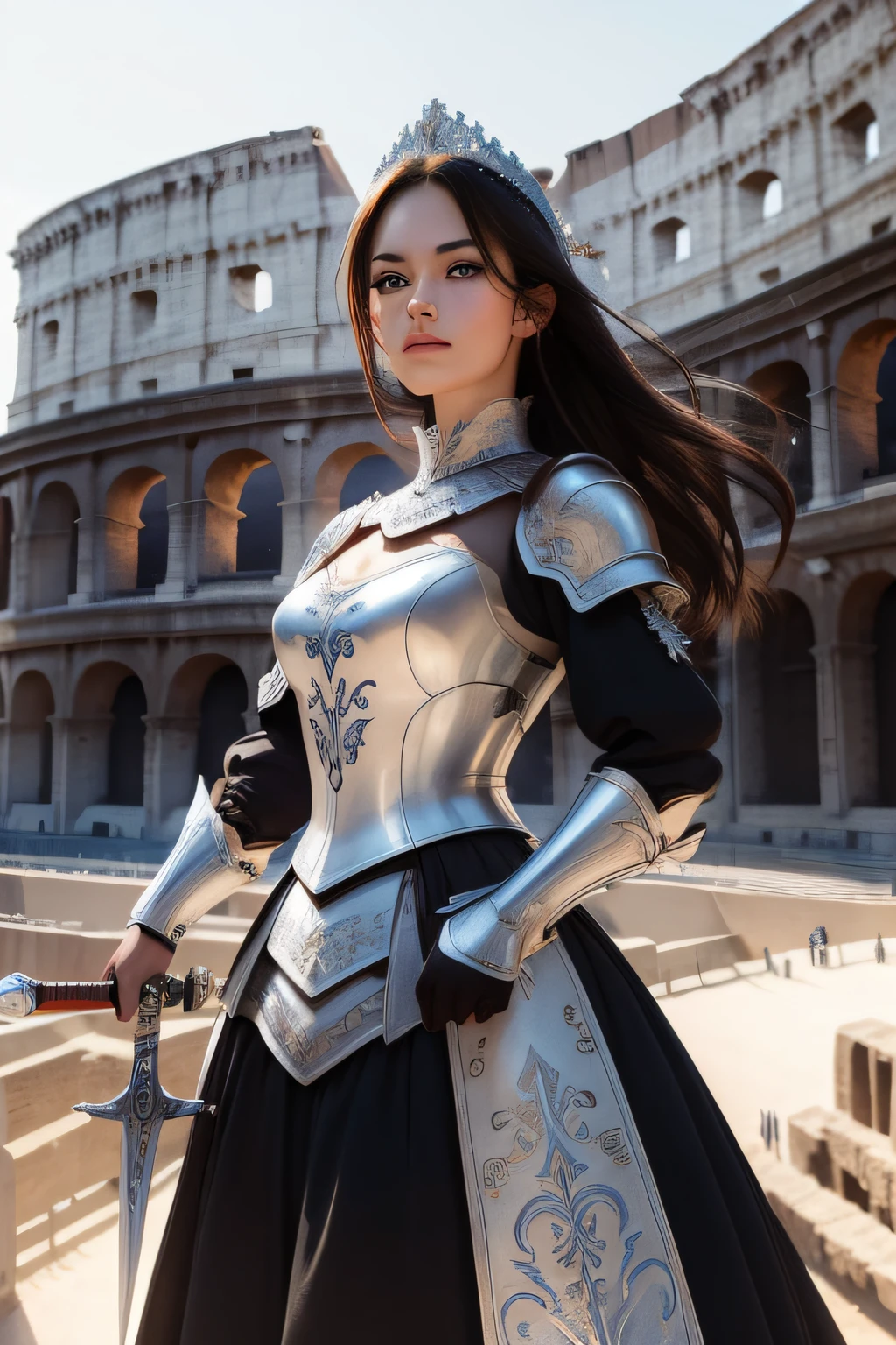 (​masterpiece, best quality:1.5), highest quality, High resolution, super detailed, Realists, Upper body photo of a brunette warrior , detailed and beautiful eyes, beautiful detailed lips, very detailed eyes and face, longeyelashes, Warrior in noble armor made of reflective white metal, Noble details on the armor. Beautiful and colorful makeup, ponytail hairstyle, Gardens as background, bright daylight, bright colors, fine brushstrokes, Portrait style, beautiful color palette, glowing skin, First-class rendering, that captures every detail, enchanting atmosphere, (perfect anatomy:1.2), (The stunning warrior holds a richly decorated sword in her hand.  (magnificent panorama view:1.2)