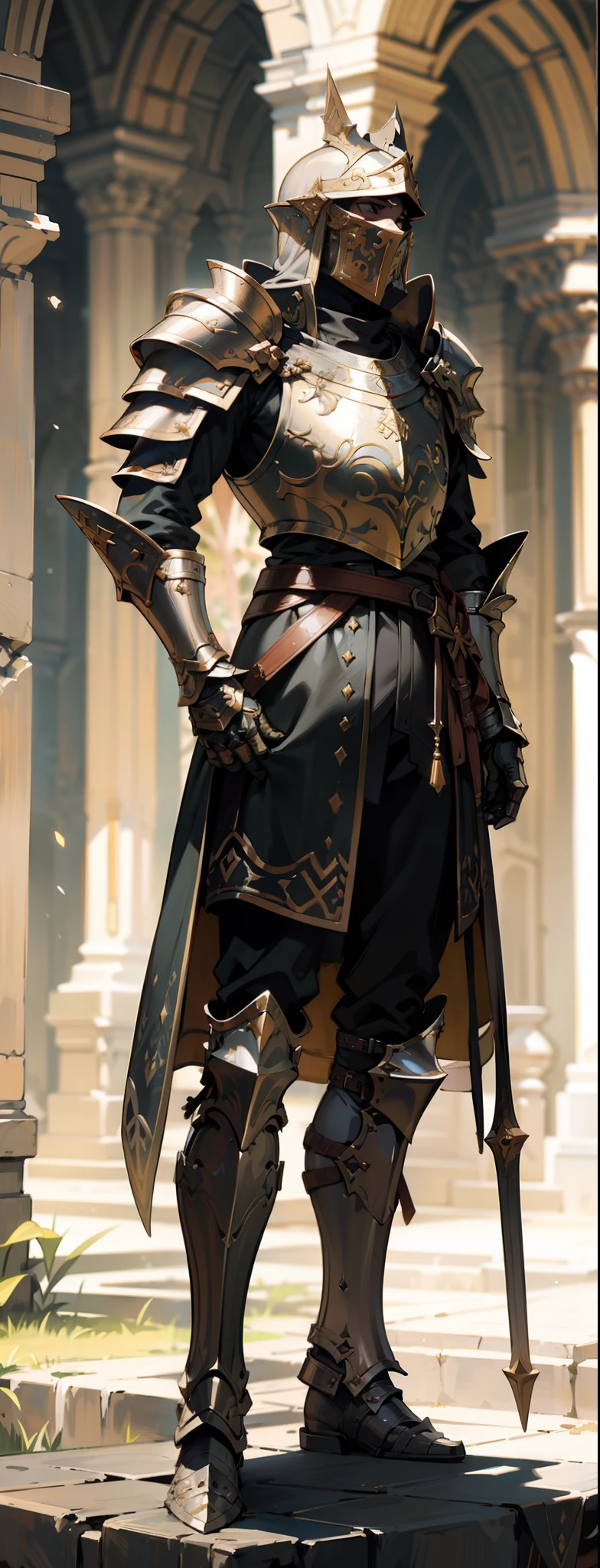 Game character design,holy paladin,Quaint and heavy armor wraps the entire body,shelmet,epee,heavy boots,(full bodyesbian:1.4),depth of fields,high light,Real light,Ray traching,oc rendered,Hyper-realistic,best qualtiy,8K,Works of masters,super-fine,Detailed pubic hair,Correct anatomy,Bokeh,Facial features are carefully depicted