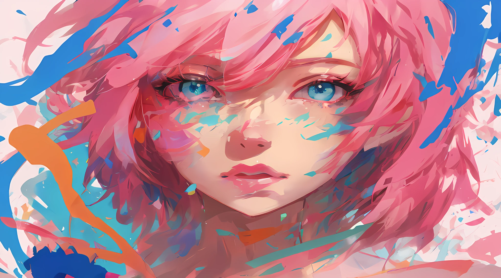 anime girl with pink hair and blue eyes with colorful paint splatters, Stunning anime face portrait, Anime art wallpaper 4k, Anime art wallpaper 4 K, style of anime4 K, Digital art on Pixiv, Anime art wallpaper 8 K, rossdraws pastel vibrant, Digital anime art, A beautiful artwork illustration, anime digital art, a beautiful anime portrait, anime styled digital art