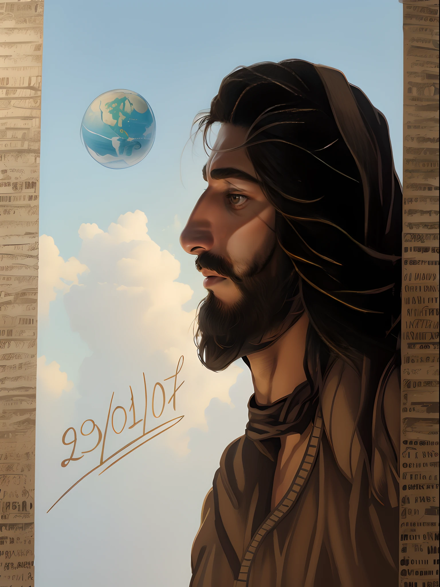 um desenho de um homem com barba e bigode olhando para o planeta Terra, Retrato de Jesus Cristo, rosto de jesus, fan art, Jesus Cristo, jesus of nazareth, inspirado em Julius Jakoby, official fan art, inspirado em Lojze Logar, inspired by Hristofor Žefarović, prophetic art, A face de Deus, Fanart