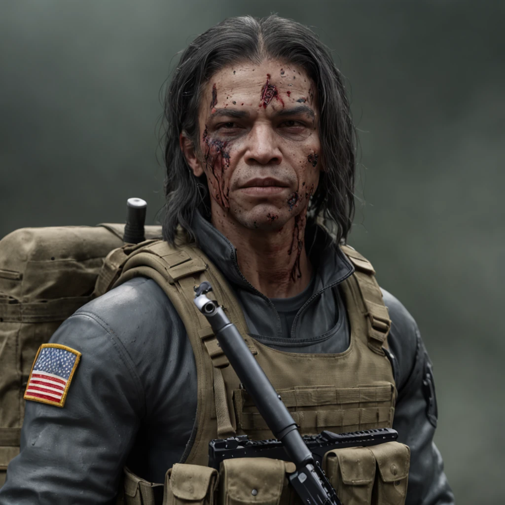 American GI，Wearing a military uniform with several holes，With a G36 assault rifle，Zombie Doom，There was still blood on his clothes。Wild flowing hair, Black panther tattoo on the arm, bigbreasts, intricately details, 8K resolution（Refer to Valley of the Dead 2，Mason）