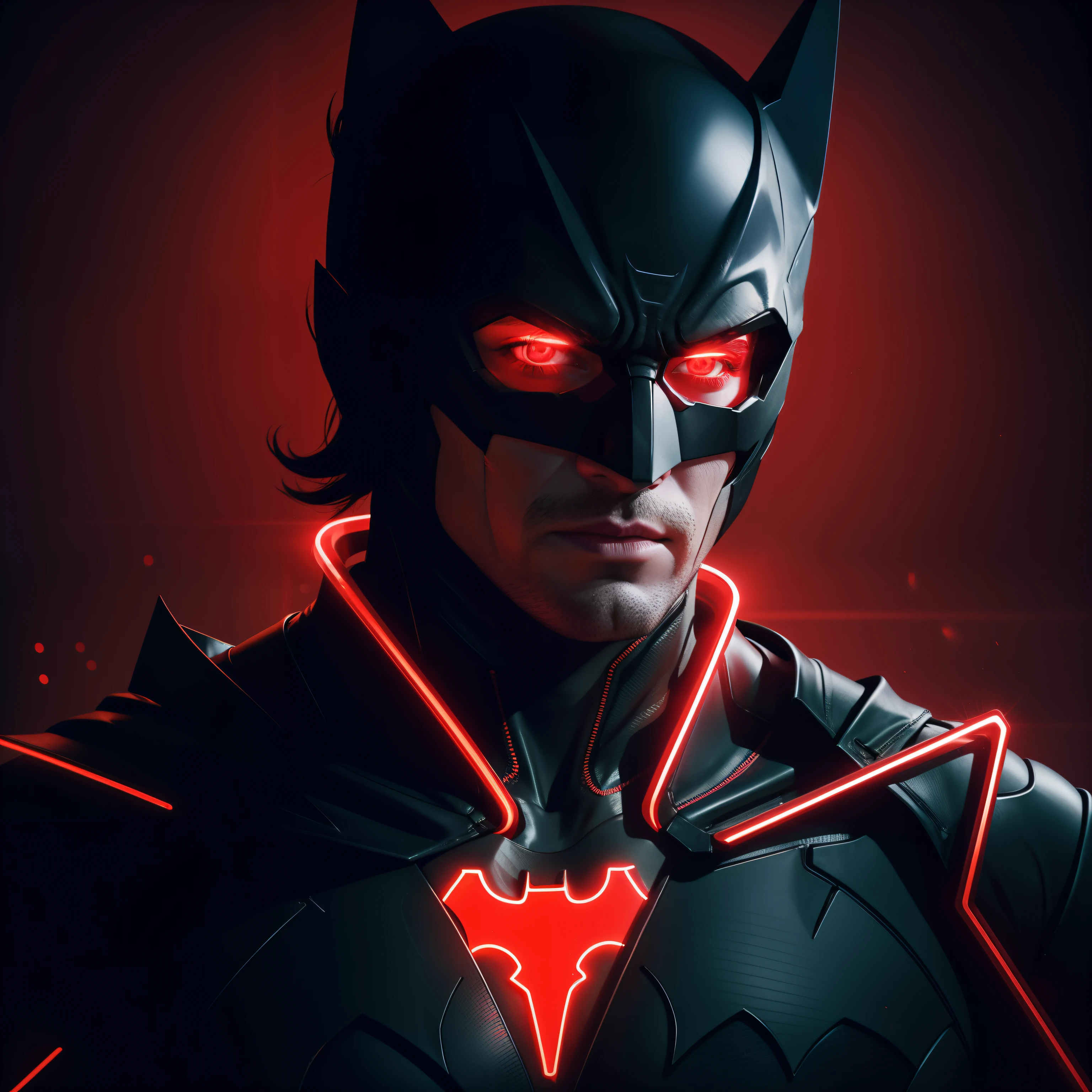 Batman with full body, Full body, male, glowing neck and neck piece in dark room, red glowing skin, red neon lights, neon light language, red and cinematic lighting, with glowing runes on the body, neon light showing injuries, red neon lights inside it, red neon light, inspired by Elsa Bleda, neon lit, glowing red, red lighting on their faces