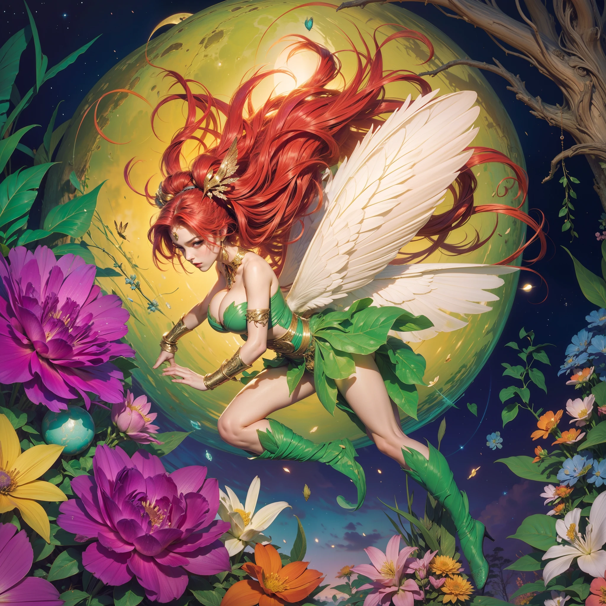 tmasterpiece,A genie,the Flower Fairy,big breasts beautiful,red tinted hair,A dress made of leaves,The back mountain has five-colored cicada wings,The background is a variety of flowers and moonlight,Soft lighting,