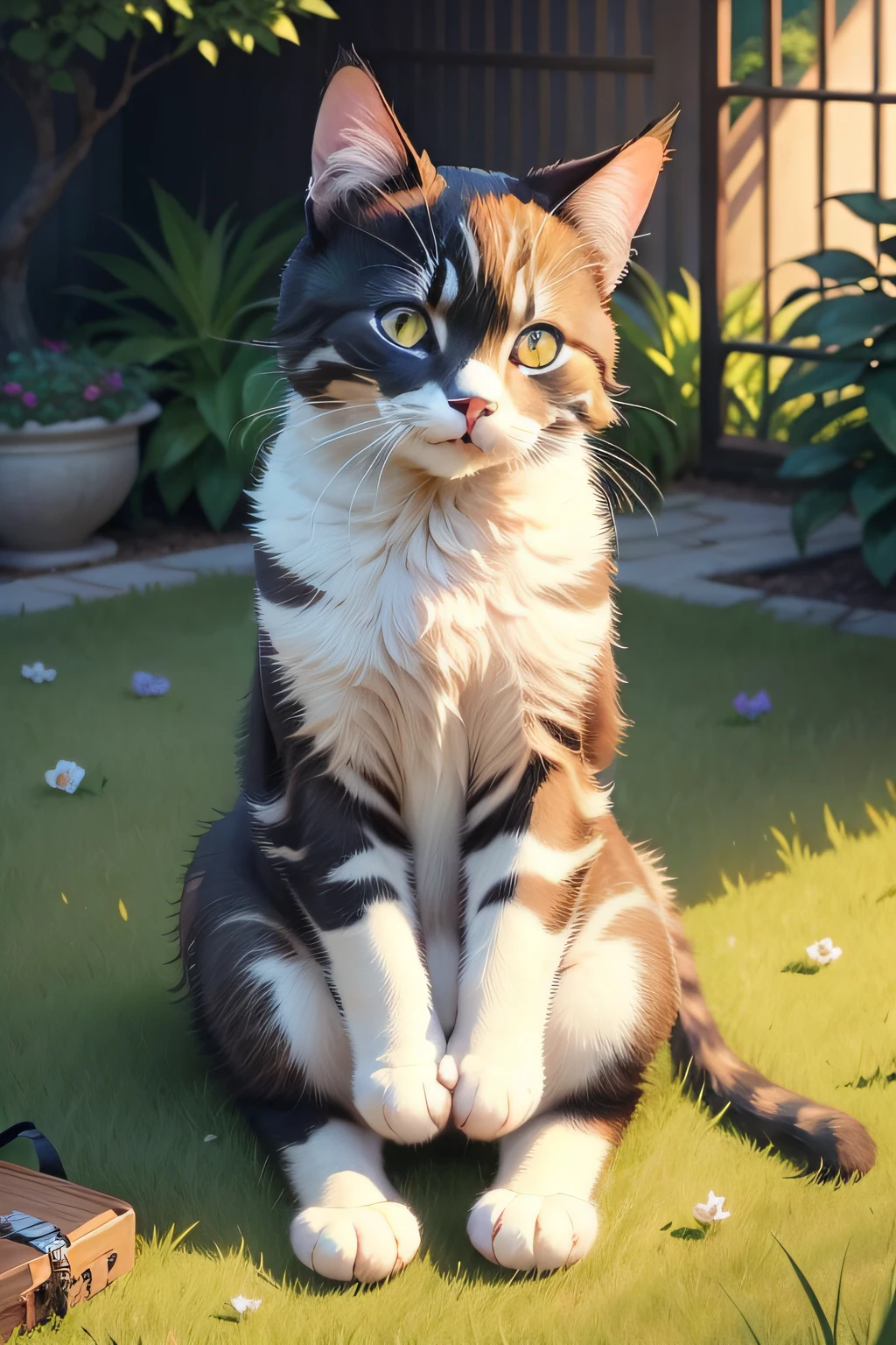 Generate live-action images。If the cat、Sitting calmly in a tranquil garden。Bright sunlight、Lush vegetation swaying in the wind。The cat is relaxed、You seem to enjoy the surrounding scenery。