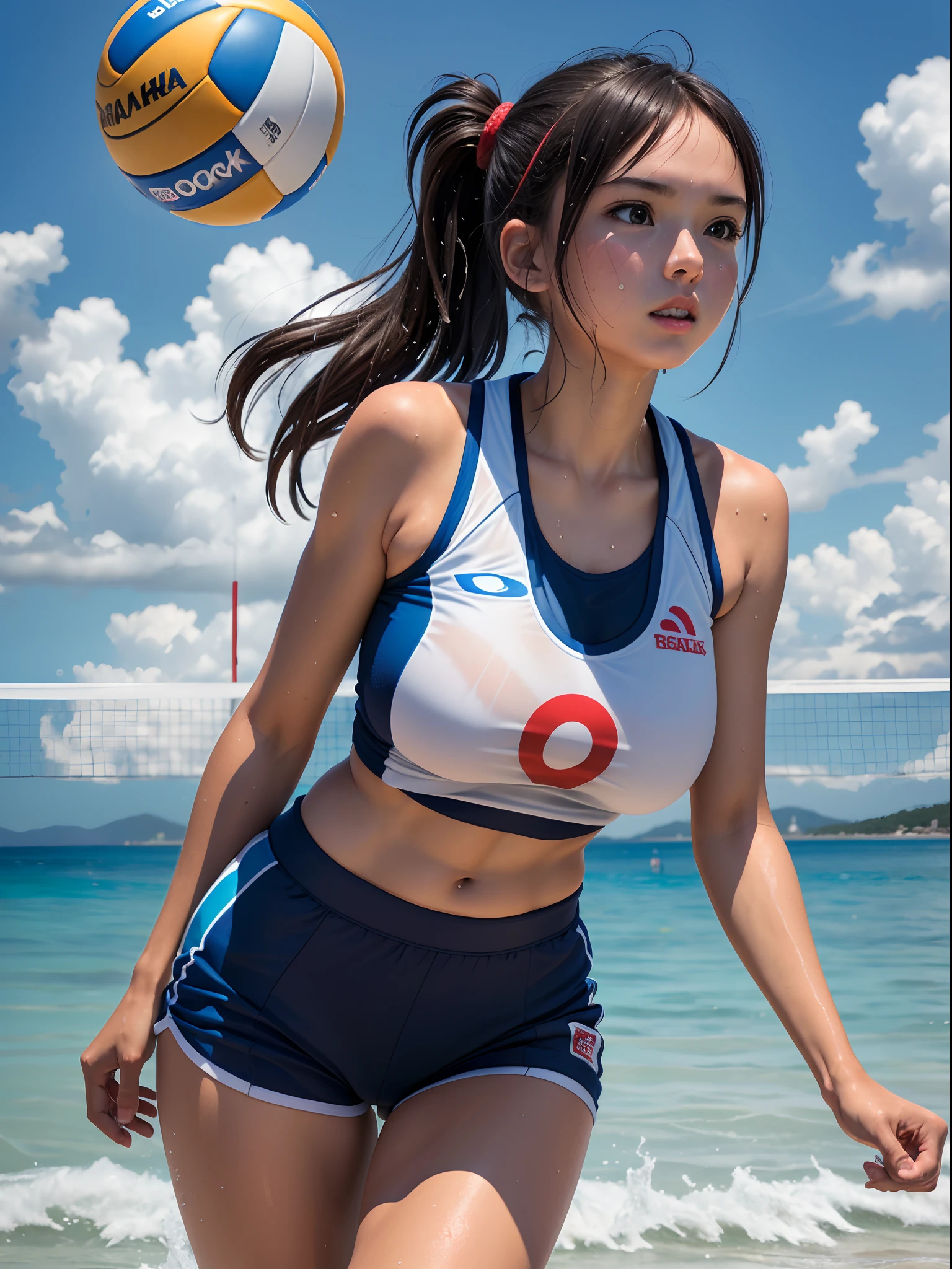 8K highest quality, masterpiece, Perfect dynamic composition, Highly detailed skin and facial textures:1.3, Shooting at sea、1 girl, Fair skin, ((Transparency:1.1)), ((Huge breasts:1.0)), ((Colorful Bikinis:1.3))， (((Playing beach volleyball:1.2)))、 Tight waist、 Written boundary depth， High resolution， RAW is very detailed， Highly detailed eyes and face， Sharp pupils、Sculpture Pose