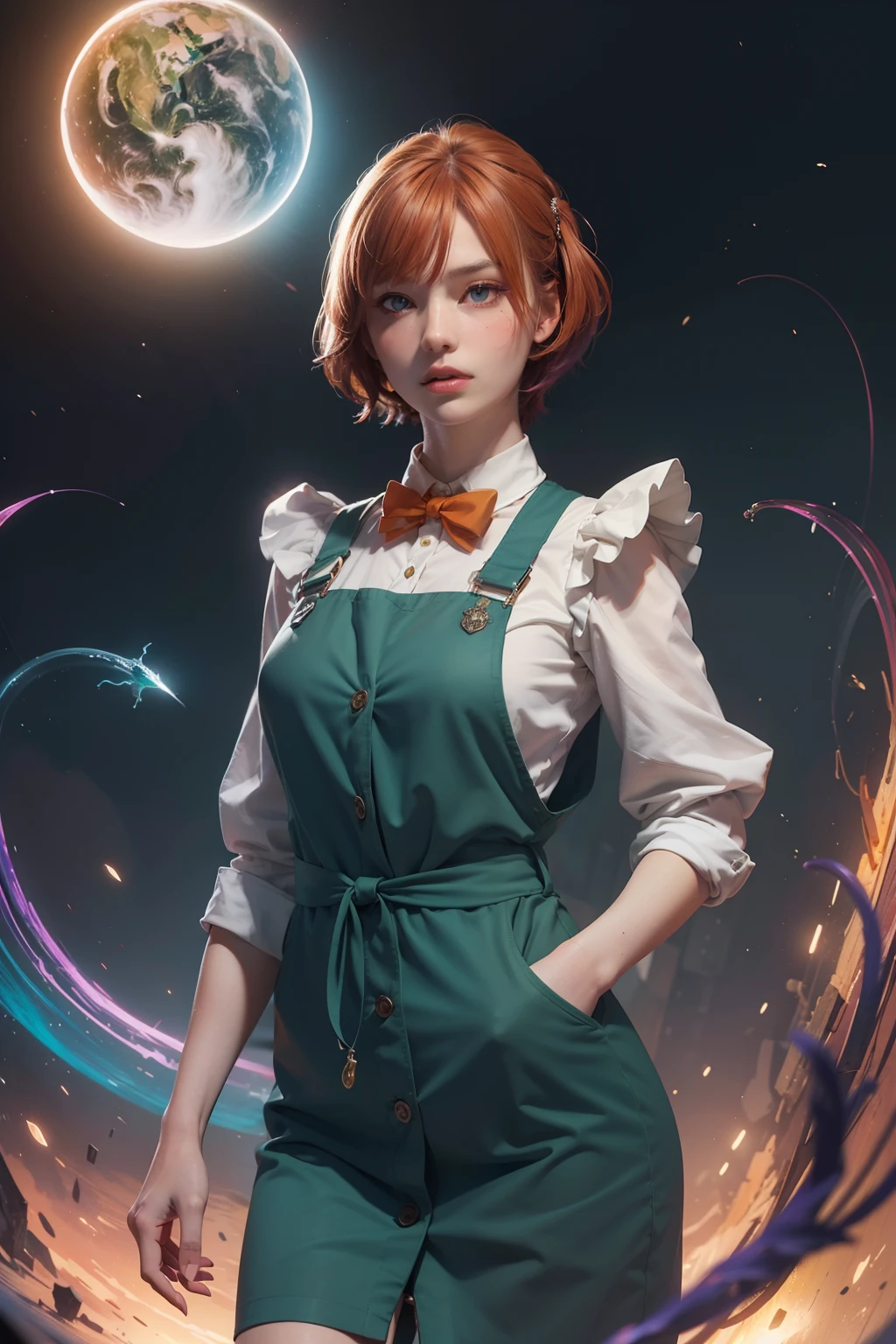 concept art, overhead angle of a Will-o'-the-wisp, wearing Funny Somali Emerald deep orange Pinafore, Caramel hair styled as Short hair, fluorescent purple Hair tie, equirectangular 360, Highres,  [(art by Willi Baumeister:1.1), (art by John T. Biggers:1.2)::17], official art, unity 8k wallpaper, ultra detailed, aesthetic, masterpiece, best quality, photorealistic