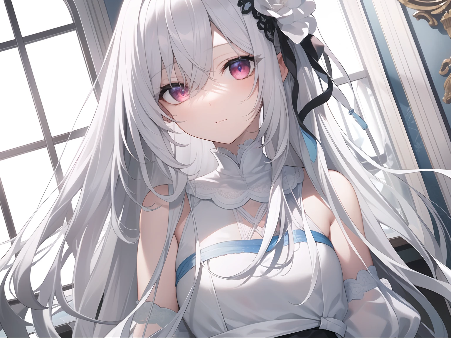 ((Masterpiece, Best quality))++, Detailed light+,  Detail hair+, detail hand+ ,1girll, woman, Long hair,   Crimson eyes,  Beautiful eyes, Young gray hair,,(Beautiful white hair:1.5),(Beautiful detailed eyes),    high resolution+,   blacksilk  ， a black skirt, Glass tones, Reflective eyes,   {{Angle}} , extremelydetailedwallpaper, Original, ,