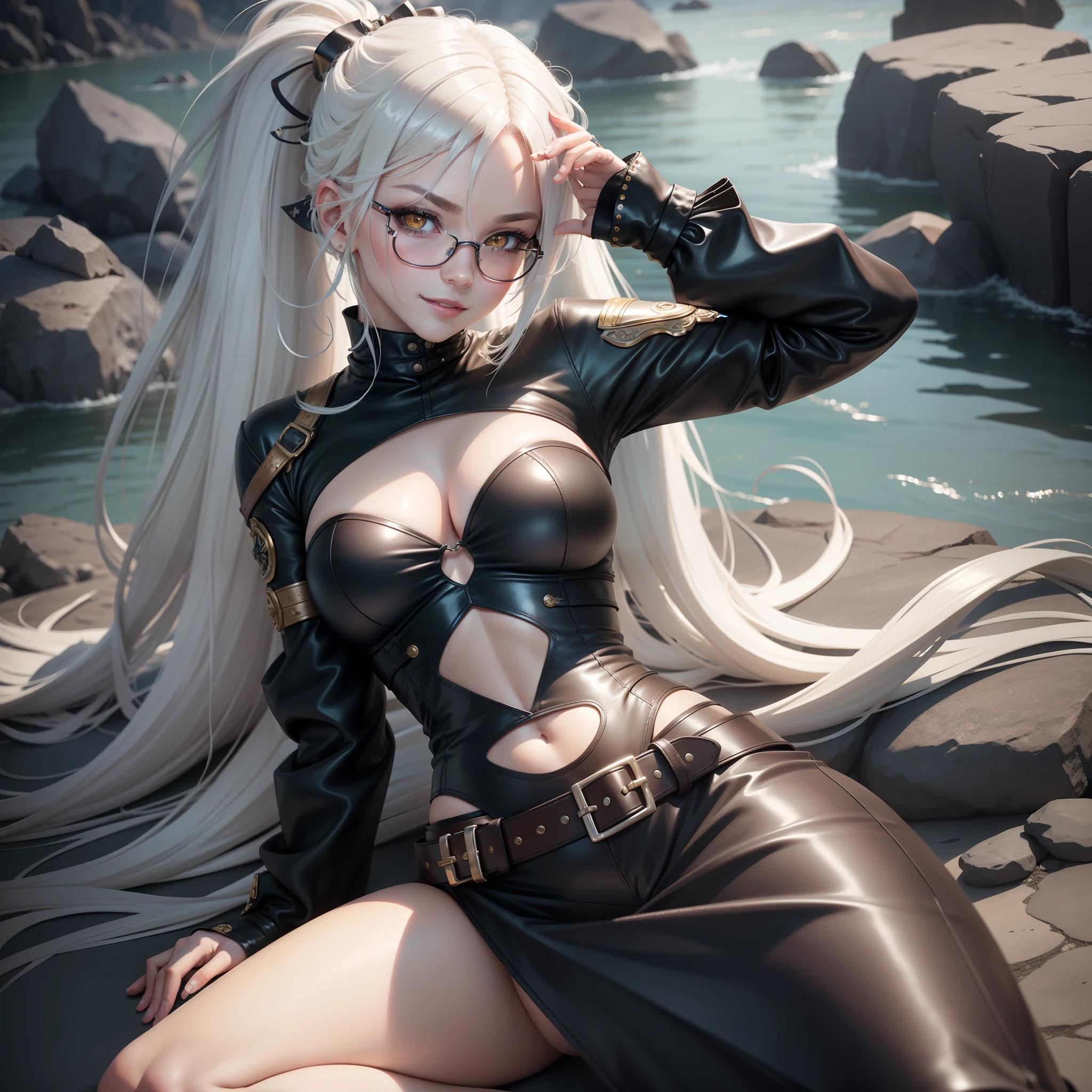 one-girl, leather clothes, Reclining by the river, Royal sister figure, white hair, hair over one eye, long hair, ponytail, eyepatch, hair bell, rimless eyewear, heart hair ornament, mole under eye, gradient eyes, yellow eyes, color contact lenses, mouth hold, smile, excited, nose blush, anime style, stereogram, projected inset, super detail, textured skin, high details, high quality