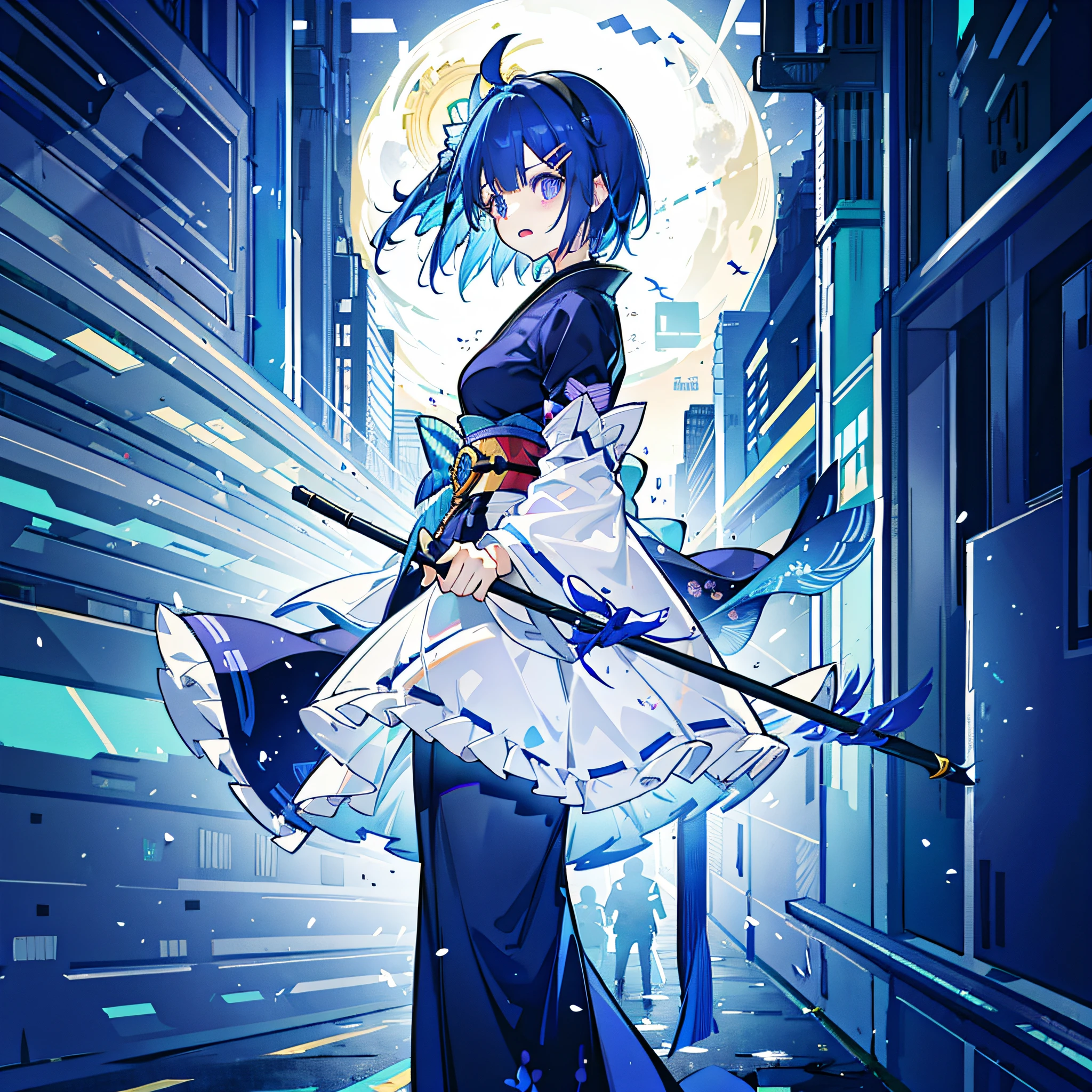 {best quality}, {{masterpiece}}, {highres}, original, extremely detailed 8K，full body,solo,tachie, {{simple background}} ,{{1 ****}}, {{laugh}},short hair,hair between eyes,ahoge,blue hair,hairclip,{{purple kimono}},geta,hairclip,no breast,laugh,standing,{{ninja}}