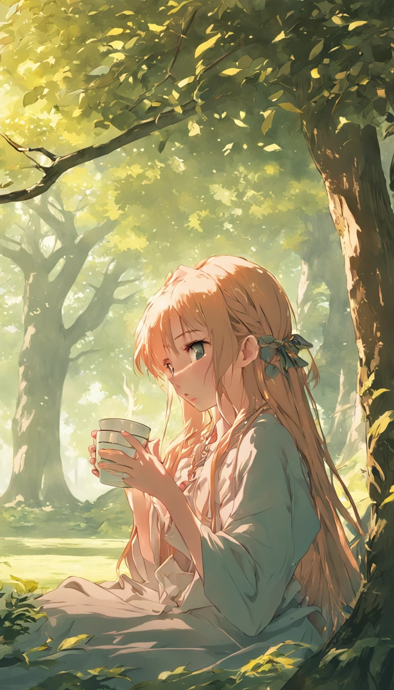 An antique long-haired girl drinking tea under a tree