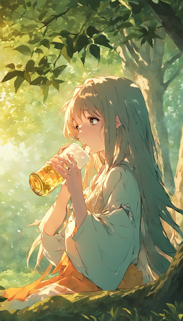 An antique long-haired girl drinking tea under a tree