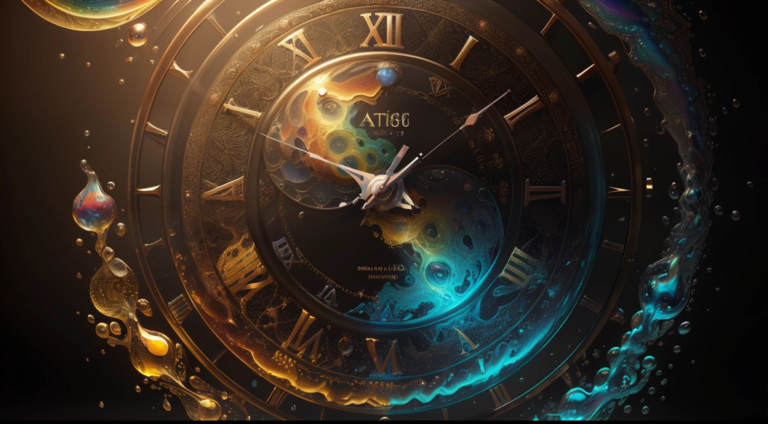 (( interior de un reloj antiguo, engranajes, balancines, ruedas dentadas, de metal dorado mate, con patina, )) ,( en el fondo de la imagen y adheridas al mecanismo del reloj y a su alrededor y en el fondo hay salpicaduras multicolores y gotas congeladas multicolores , tornados de gotas multicolores, brillos tornasolados todos en el estilo del arte de Alberto Severo, bring liquid droplets to life in a symphony of textures and colors) , digital photography ,cinematic lighting gran acercamiento ,Trabajo hiperrealista, efectos 3D, Ultra HD, obra de arte magistral ,16k Arte digital 4K altamente detallado, Pintura digital intrincada, Arte digital detallado 4K,Esta cautivadora pantalla, skillfully crafted with the animation capabilities of Cinema 4D,. The final composition, Enriched with gamma correction and tone mapping techniques,