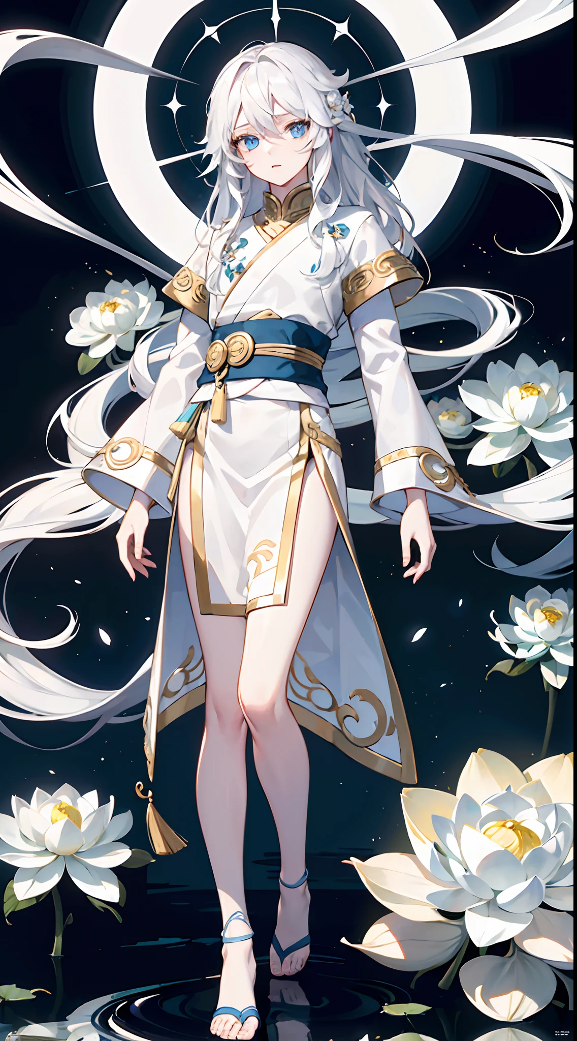 detailed eyes, detailed eye, detailed face, UHD, retina, ccurate, anatomically correct, textured skin, super detail, award winning, highres, best aesthetic, ultra high res, distinct, ultra detailed, best quality, high quality, ultra quality, 16k, high details, high resolution, detailed, masterpiece, beautiful, detailed skin, full body, （1boy）, white hair, wavy long hair, blue eyes, white lotus, white lotus robe, （beautiful boy with wavy long white hair holding a white lotus flower）