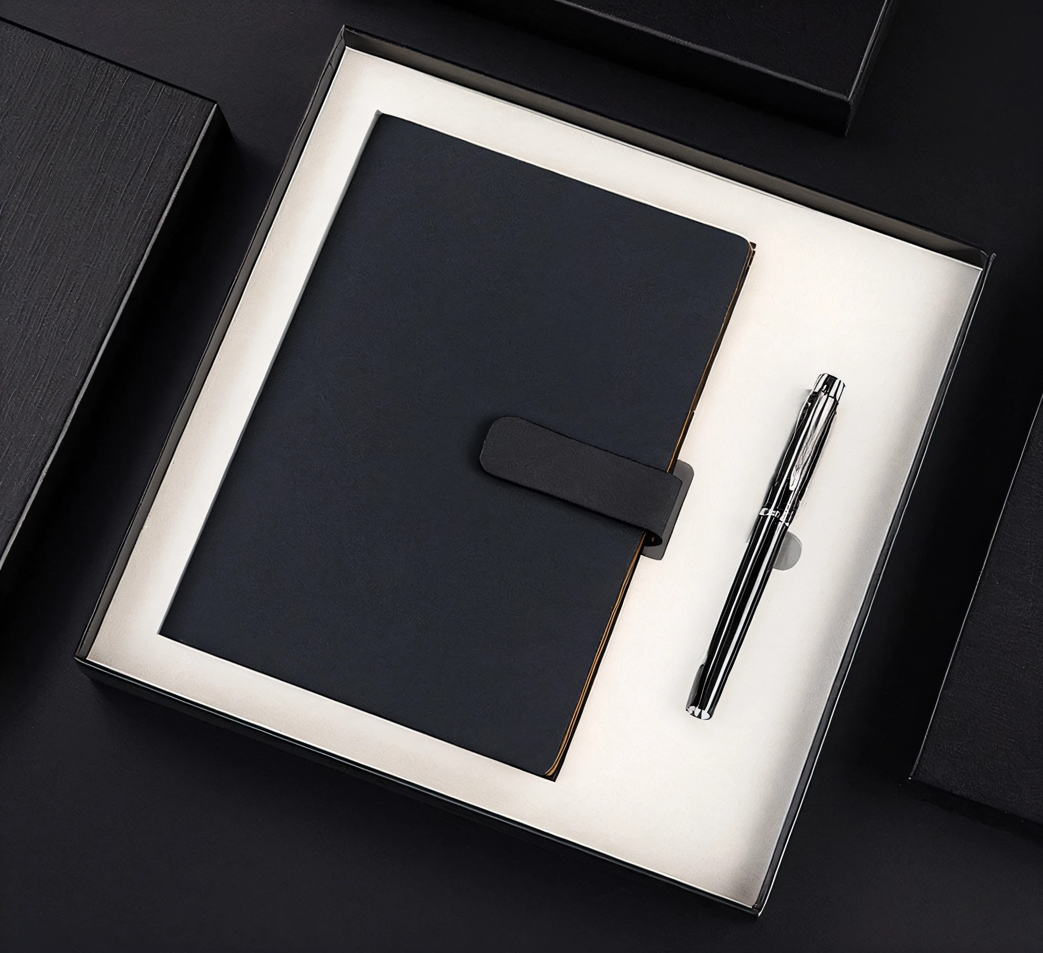 There is a black box,Inside there is a pen and a notebook, luxury journal cover, notebooks, black, universal, Slate, 360º, very detailed and high quality, product introduction photos, GRAPHITE, black quick, onyx, Premium, high quality paper, sienna, Paper, high quality of sketching, all black matte product, p. j. n, pen