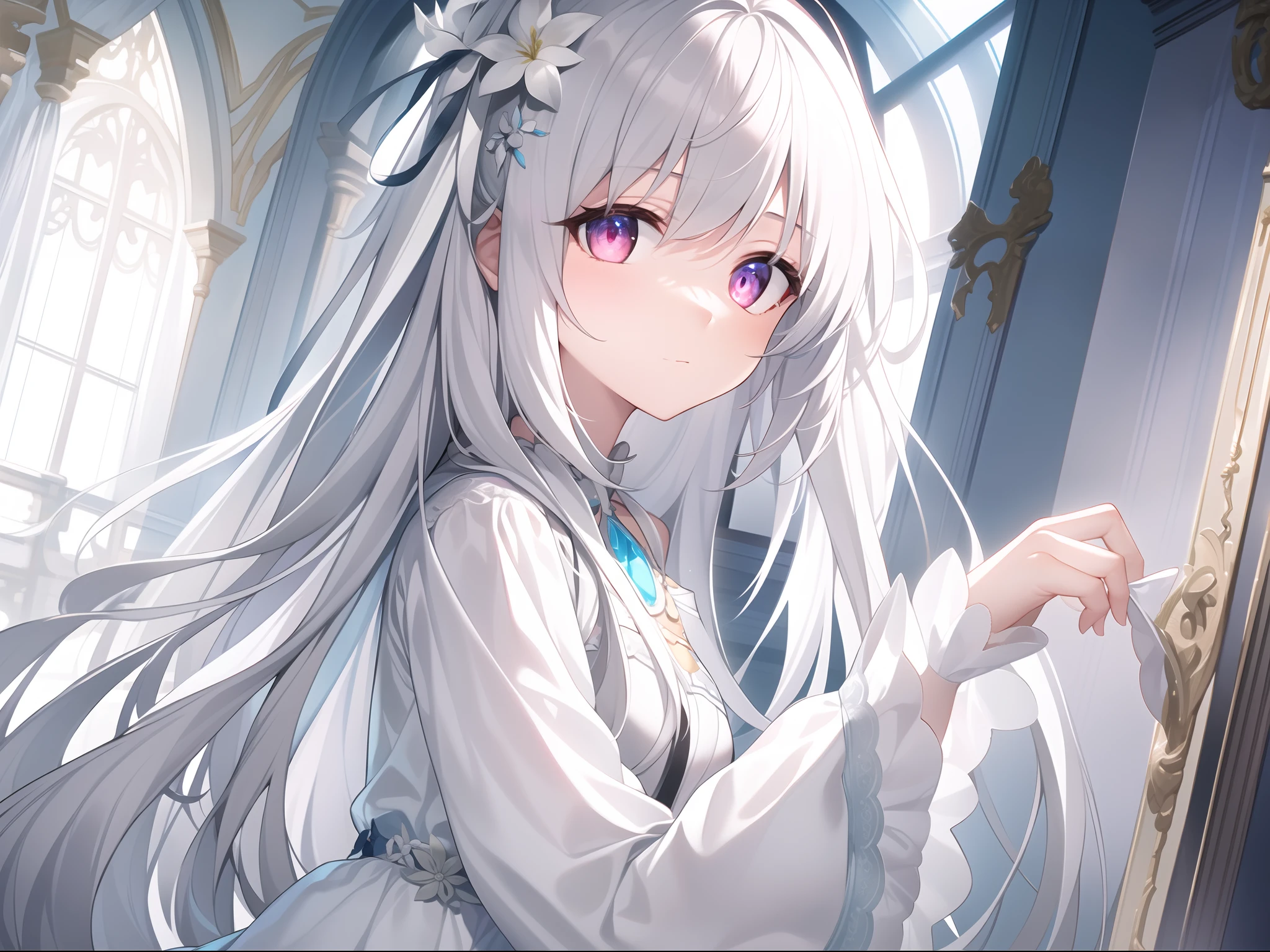 ((Masterpiece, Best quality))++, Detailed light+, Detail hair+, detail hand+ ,1girll, woman, Long hair, Crimson eyes, Beautiful eyes, Young gray hair,,(Beautiful white hair:1.5),(Beautiful detailed eyes), high resolution+, blacksilk , a black skirt, Glass tones, Reflective eyes, {{Angle}} , extremelydetailedwallpaper, Original, ,