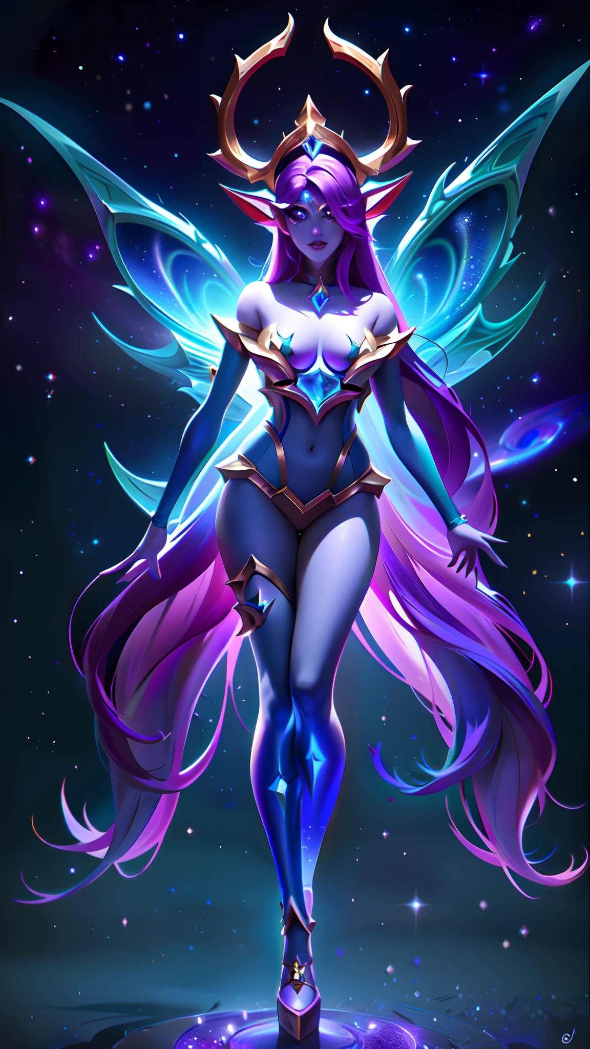 (League of Legends:1.5),Legendary skins "Cosmic Elf Bambi" Bring the forest elves into an awesome cosmic realm, Turn her into a celestial being with great power and wonder.

In splash art, The appearance of Bambi underwent an amazing cosmic transformation. She now stands in a glowing and ethereal presence, Decorated with celestial motifs and glowing stardust. Her wings twinkle with traces of stardust, Symbolizes her celestial connection.

Her costumes now reflect the grandeur of the universe, Has complex patterns of stars and galaxies, Symbolizes her affinity with cosmic forces.

Bambi's eyes flashed with cosmic energy, Convey cosmic wisdom and otherworldly power. Her posture exudes heavenly elegance and confidence, As if she holds the secrets of the universe.

in the background, The celestial wonders unfold, Has a breathtaking nebula, swirling galaxies, The glittering stars add wonder and cosmic majesty.

The color palette is a fascinating blend of cosmic hues, Featuring dark blue, purples, and vibrant stardust, Creates a charming and ethereal atmosphere.