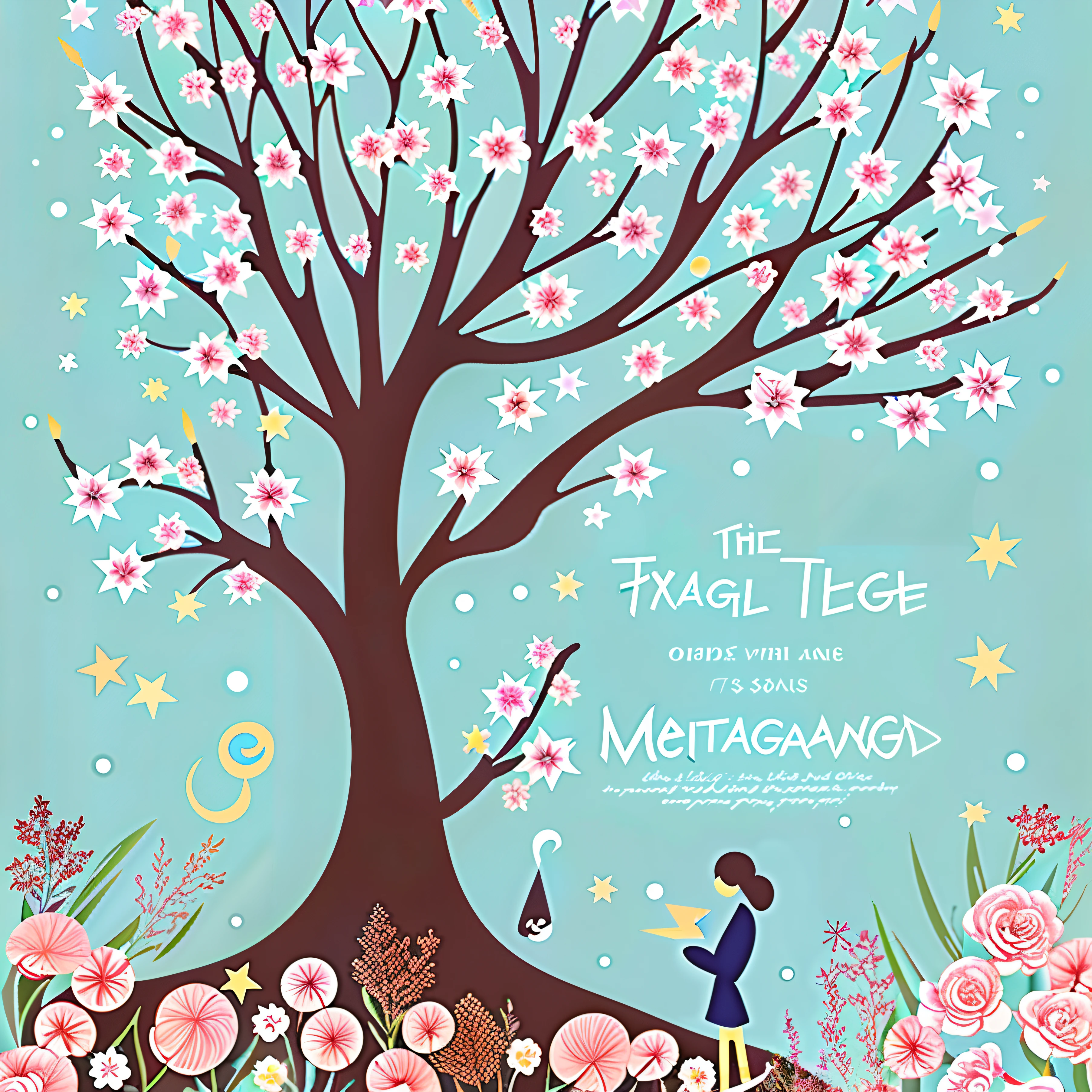 "Cartoon tree illustration with gradient in pastel colors, Sky with twinkling stars. Immerse yourself in a mysterious world full of magical elements (Weighted by 0.9). As you explore the picturesque outlines of flowers embedded in the landscape、Enjoy a touch of magic (Weight 0.8)."