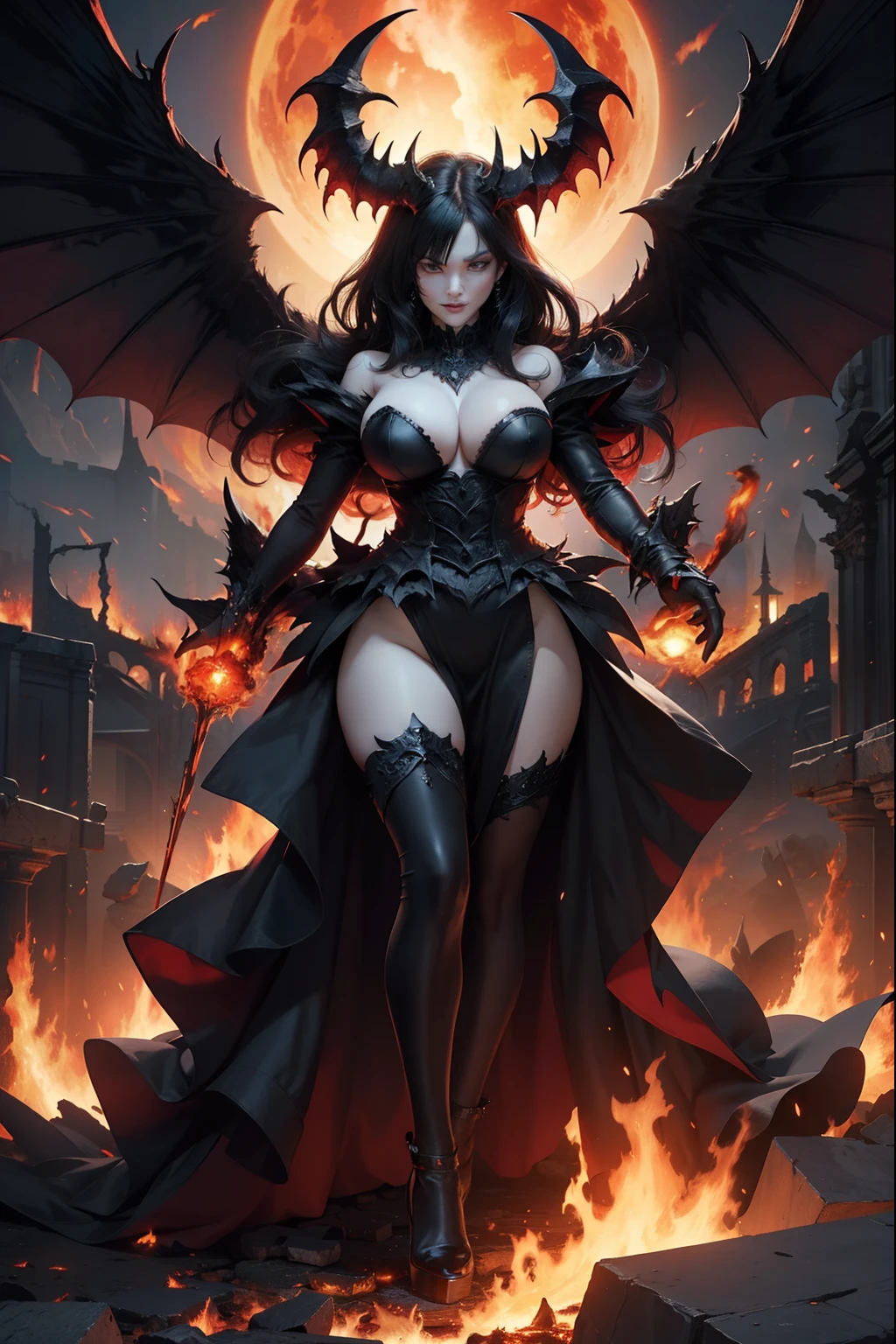 Ultra-detailed Lisa Ann stands atop a pile of burning ruins, Her diabolical and insidious presence radiating from her dark crown and black and red evil queen dress..... Her demon wings on her back and demon horn give her an invincible aura as she unleashes a powerful wave of destruction with a single gesture........