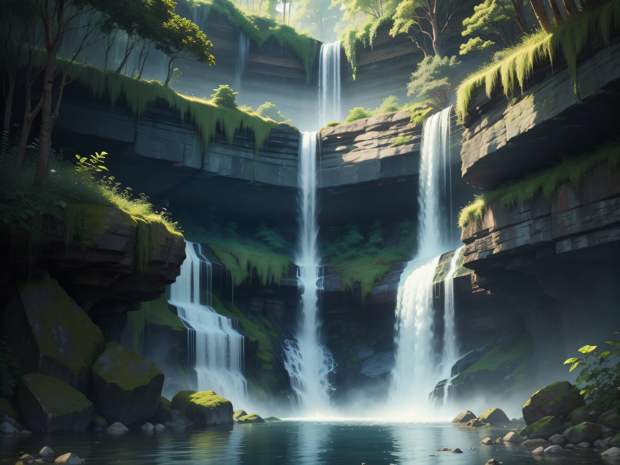 Whispering Waterfalls: A cascading waterfall surrounded by lush greenery, capturing the ethereal beauty of water meeting rock in a symphony of nature's tranquility.