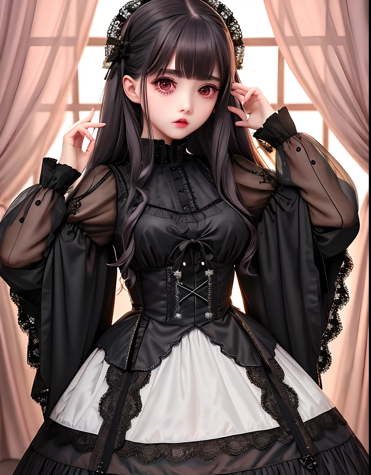 (Beautiful girl in military uniform gothic ta)、masterpiece、absurderes、nffsw、extremely detailed eye and face、GothGal、Runny nose makeup、((deadpan))、See-through clothing、Ren Hao、embroideries、woman wearing a GothGal outfit、pale white skin、wearing a ballgown