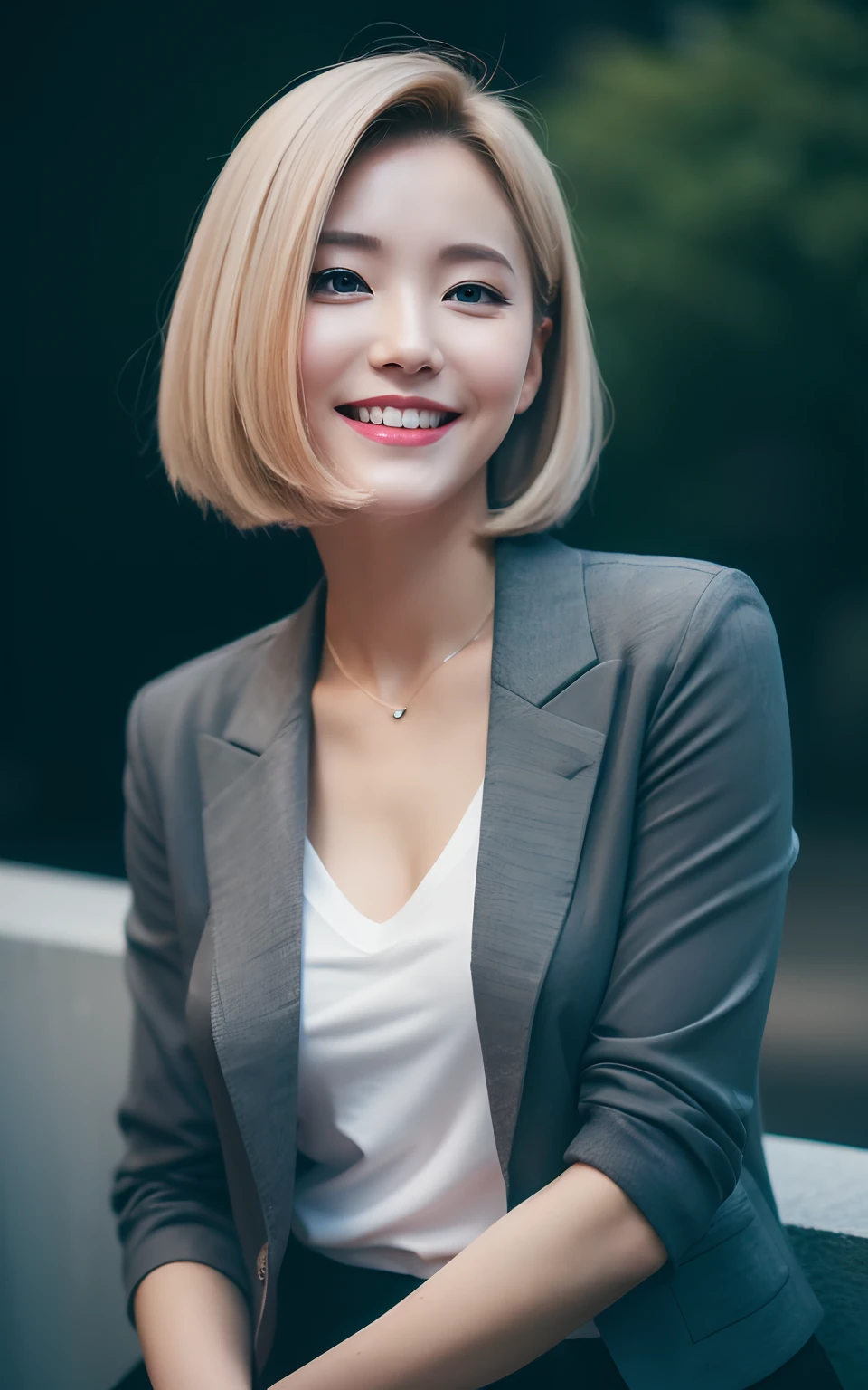 (8K, Best Quality, Masterpiece: 1.2), (Realistic, Photorealistic: 1.2), Cute, Solo, Beautiful Definition Sky, Night, Wet, Watching Viewer, (Sit: 1.5), Date, Future,
(nose brush), (smile: 1.15), (mouth closed) small breasts, fine beautiful eyes, (dark blonde: 1), (short hair: 1.1), floating hair NovaFrog style,
Gray blazer, button T-shirt, black mini skirt, makeup, (8k, RAW photo: 1.2),