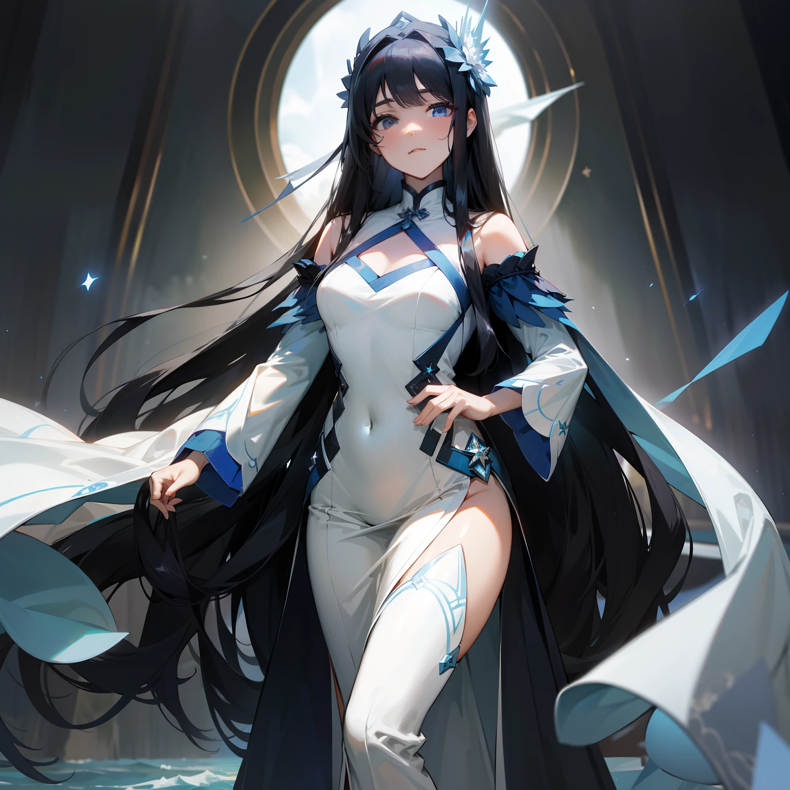 An ocean of azure stars,The Xinghai Front is one of them,Wearing a long white dress,Long black hair that reaches the waist,Two-dimensional fuzzy girl。