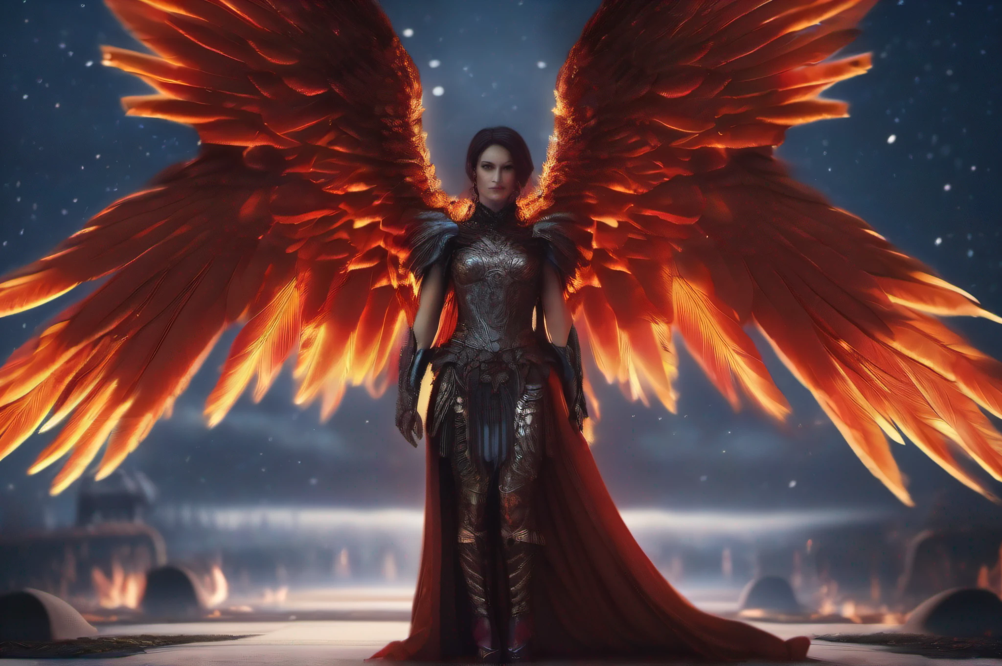 A cinematic hyperrealistic full body portrait of an evil fallen female Archangel of vengeance with massive fiery black and red wings, levitating under a starry night sky with a full moon. The frontal angle shows her intense gaze directly at the camera as she spreads her immense intricately detailed wings. The contrapicado composition dramatizes the wings' span and her threatening expression with depth of field and shallow focus. Intricate photorealistic details using naturalistic lighting depict feather textures with glints of flame reflected from the burning city behind. The light plays dramatically across her armor and face with high-contrast ambient occlusion. Soft focus enhances the wings while the apocalyptic cityscape is visible sharply in the background. The sky glows red with dense smoke, volumetric lighting, and embers float through the air around her. Her eyes glare with specular highlights.
