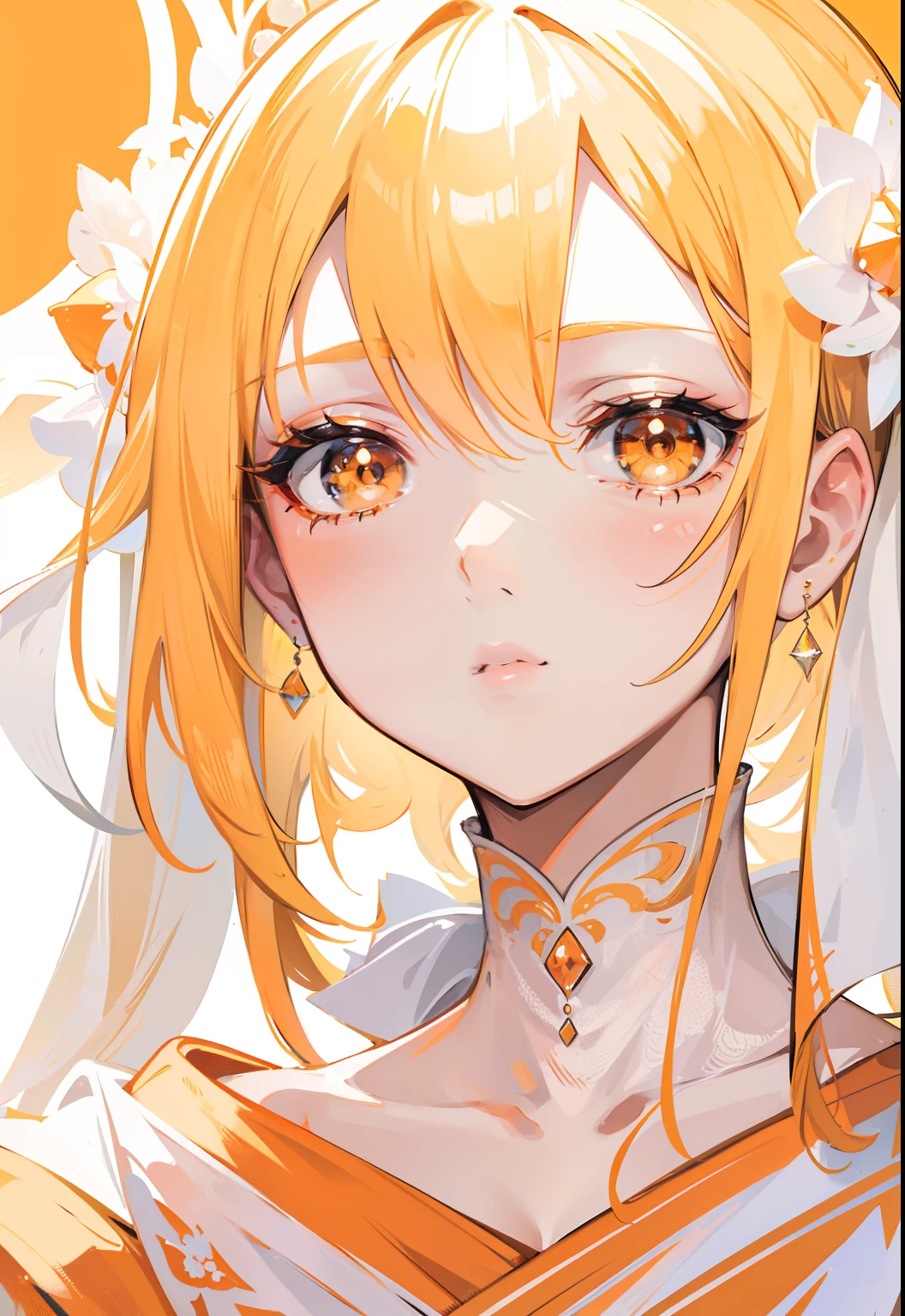 Blonde hair,Orange and white clothes,Exquisite makeup,Delicate and smooth suprathoracic area,Royal sister with a shining face