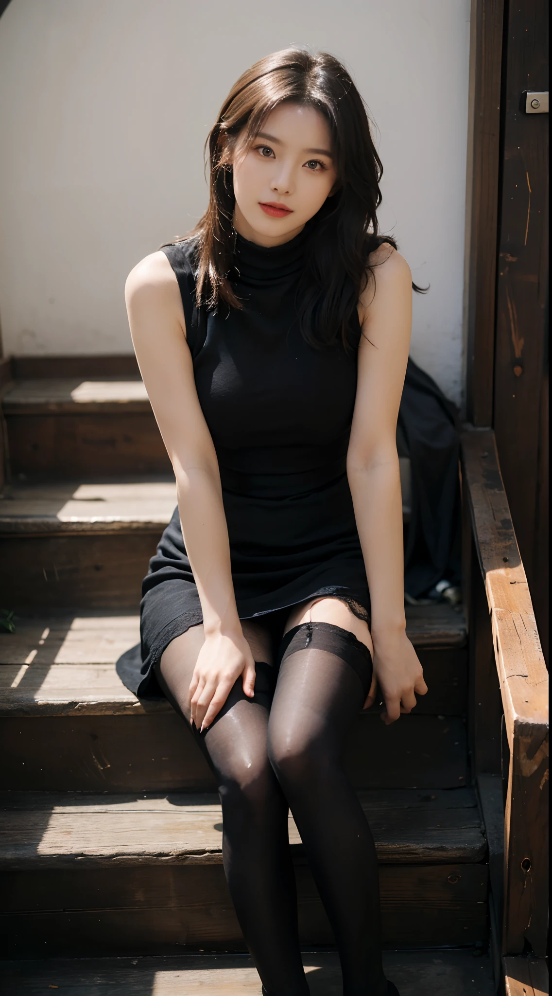 (RAW photo:1.2), (Photorealistic:1.4), (Ray tracing),Korean female model,Beautiful Meticulous Girl, very detailed eyes and faces, Beautiful detailed eyes, absurderes, unbelievable Ridiculous, hugefilesize, ultra - detailed, A high resolution, The is very detailed,best qualtiy,tmasterpiece,((Black sleeveless turtleneck lace dress)),illustratio,The is very detailed,CG,unified,8k 壁纸,Amazing Cleavage,finely detailled,tmasterpiece,best qualtiy,The is very detailed的 CG unified 8k 壁纸,light in face,cinmatic lighting, 1girll, old,Long white hair,(huge tit),((pantyless)),(wears glasses),((Pantyhose)),tightly dress,Silk dress,Lace-up dress,see through dresses,Stand on the stairs in high heels,(Wearing 10D black stockings,Wearing thin black pantyhose:1.5),Full body portrait