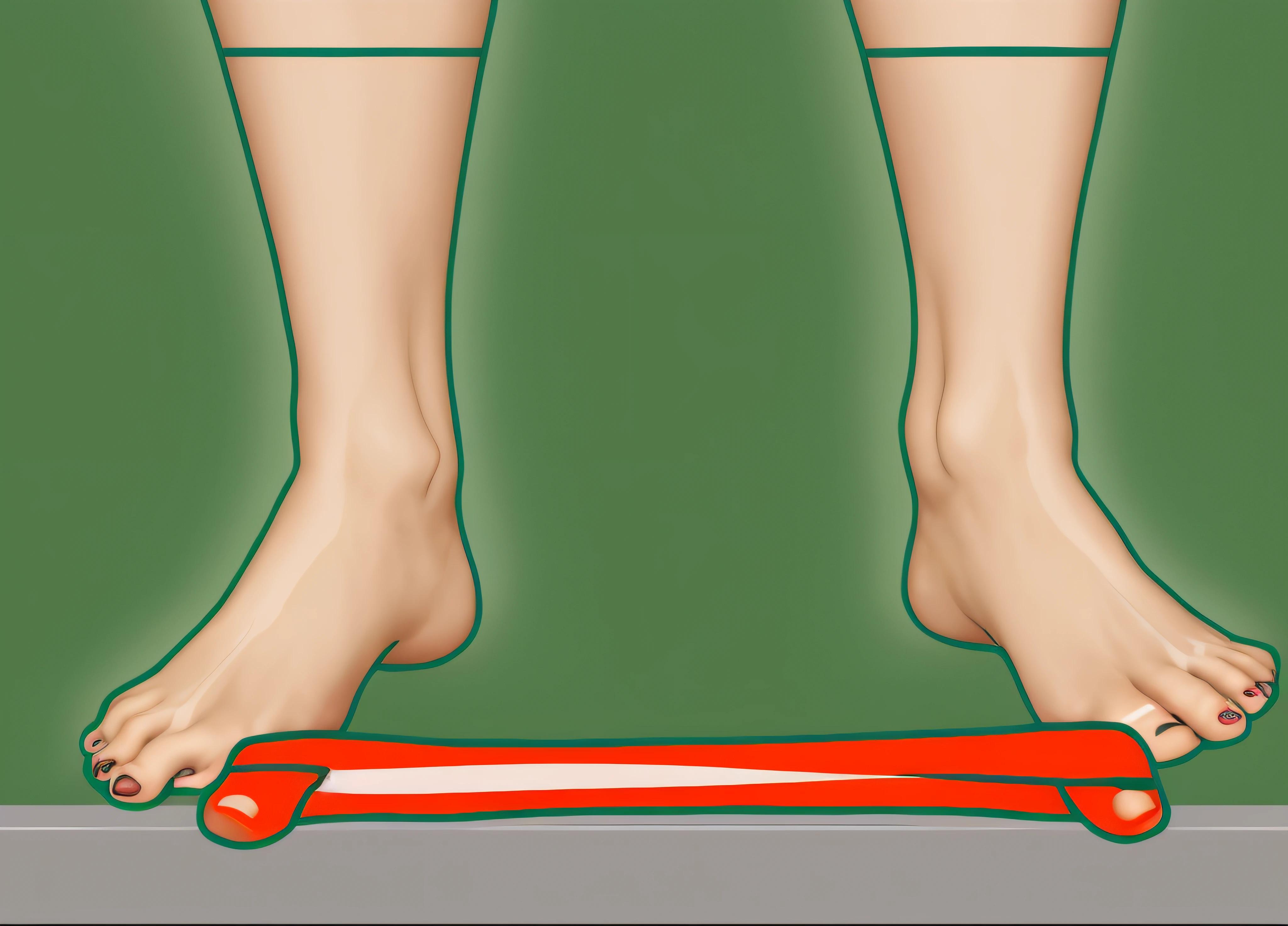 a closeup of a person's feet with a green stripe, Longitudinalmente, ultra-realistic illustration, the forefoot to make a v gesture, Arcos Altos, walk away, imagem realista, detailed depiction, viral and hypnotic image, Plano, horizontal orientation, Feet, artist's interpretation, mostra uma perna, LARGURA, Grau, hállux valgus, joanete exuberante
