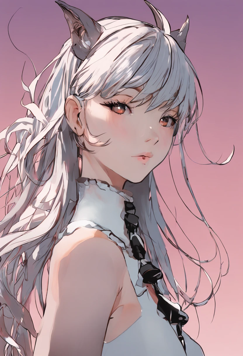 kaine \(nier\), 1girl, close up, half body, bandages, bangs, blonde hair, blunt bangs, braid, brown eyes, collarbone, hair flower, hair ornament, halterneck, lingerie, nier \(series\), short hair, negligee, single bare shoulder, single braid, solo, white background, white flower, clothing cutout, bdsm, white hair, expressionless, medium breasts,
<lora:kaine:0.6>