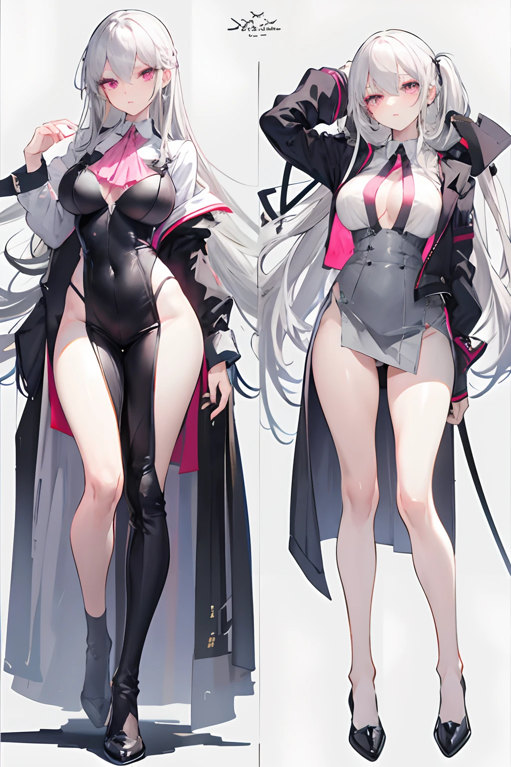 character sheets, Different angles, Girl with long gray hair, Pink eyes, Slender body, A-cup, Posing, The overall picture is exquisite and perfect, The whole picture of the perfect girl, Magic School Uniform