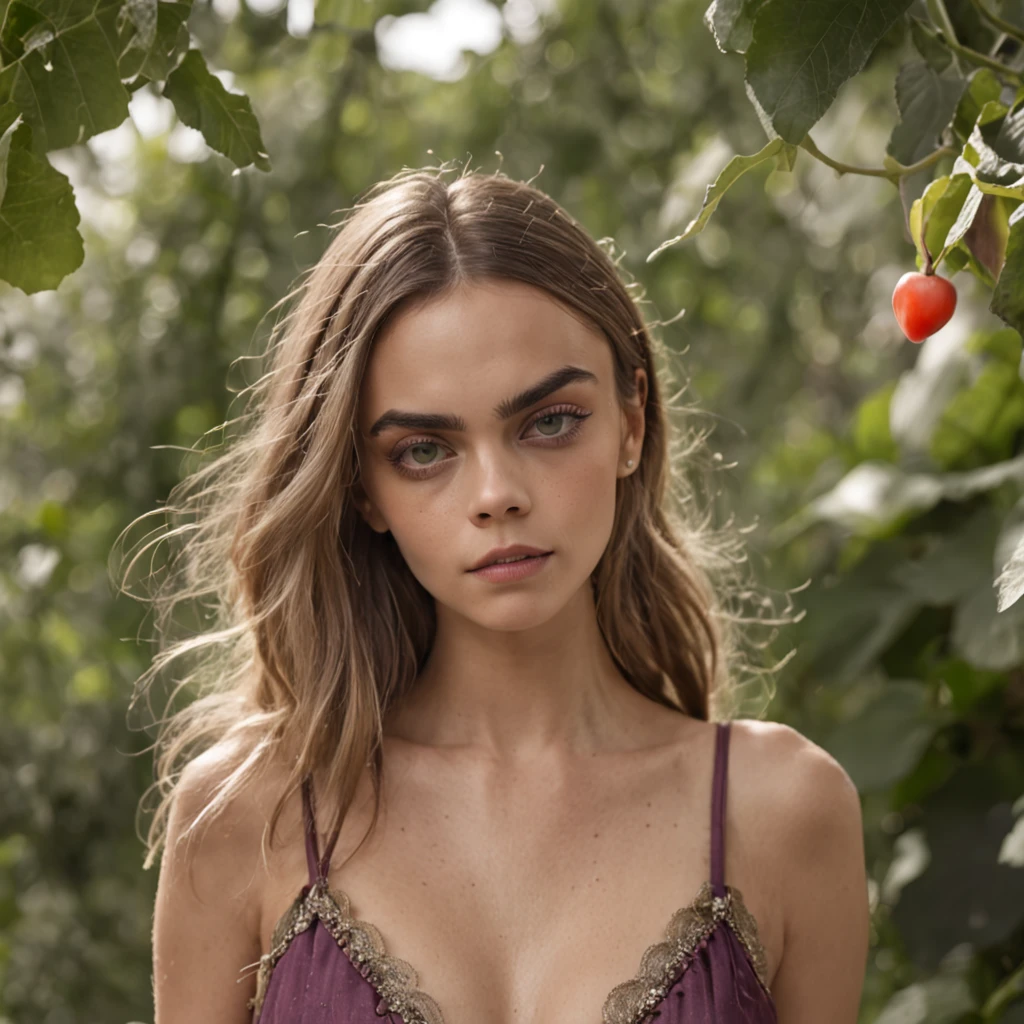 Hot young girl looks like Cara Delevingne model appearance in bikini, tanned Mexican woman, pouty lips, fantasy style, good tits, Against the background of large plums grow in the jungle, smiles slyly, Passionate gaze, hot weather, Moisture of calf, Hot summer