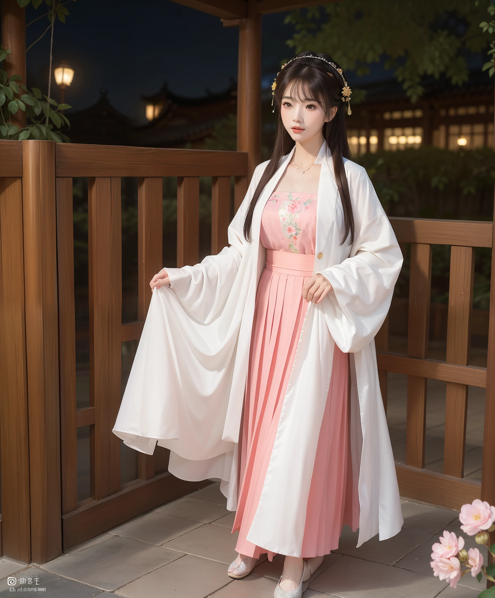 (8K, Yes, RAW photo:1.2), Best quality, 超高分辨率,Dramatic angle,(fluttering detail color splash), (illustration),(((1 girl))),(Long hair),(rain:0.9), (head gear:1.4),There is an ancient palace beside the girl,Hanfu,(focal point),colored ink drawing,(Splash color),Splash color,(((Colorful))),(sketching:0.8) , Masterpiece, Best quality, beautiful painted, High level of detail,(Denoising:0.6),[Splash ink],((ink refraction)), (Beautiful detailed sky),Moon,highly,A detailed,(Masterpiece, Best quality, Extremely detailed） CG unity 8k wallpaper，tmasterpiece，Best quality at best，ultra - detailed），（Stone garlic），((Top quality, 8K, Masterpiece: 1.3, Photorealistic)), Street photography beauty，Chengdu, China，(((brunette color hair)))，(((long  skirt)))，Walk，Raised sexy，(((Bigchest)))，The neckline opens slightly，Long skirt on the floor，Horse face skirt，pleatedskirt，High waistband，Obi，Good-looking headband，Clothes flowers，full bodyesbian