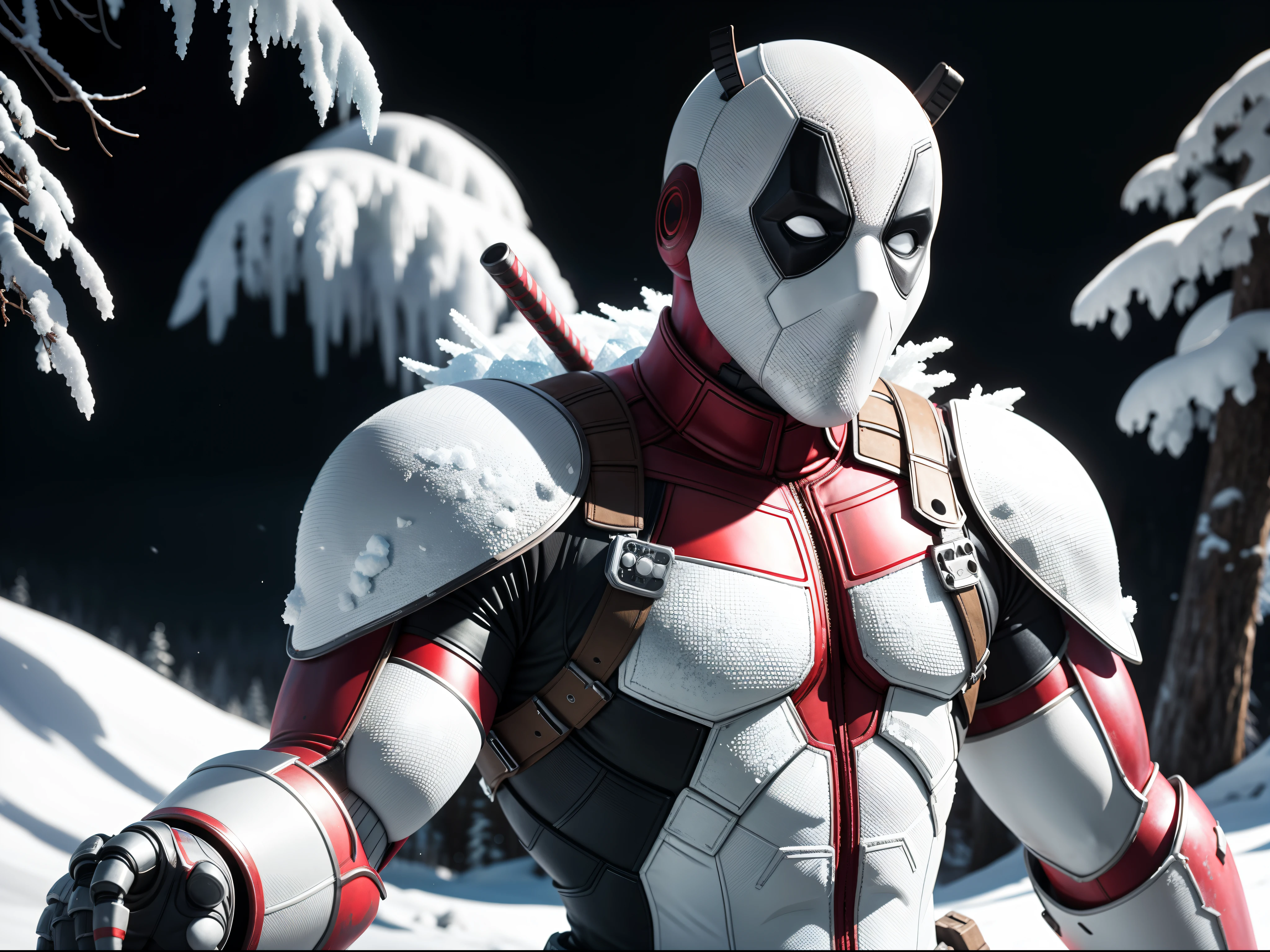 Create a frozen Deadpool, white robotic Deadpool armour, white Deadpool suit, frozen Deadpool suit, background full of snow and Ice, facing the camera, light colours, fog, foggy, foggy background