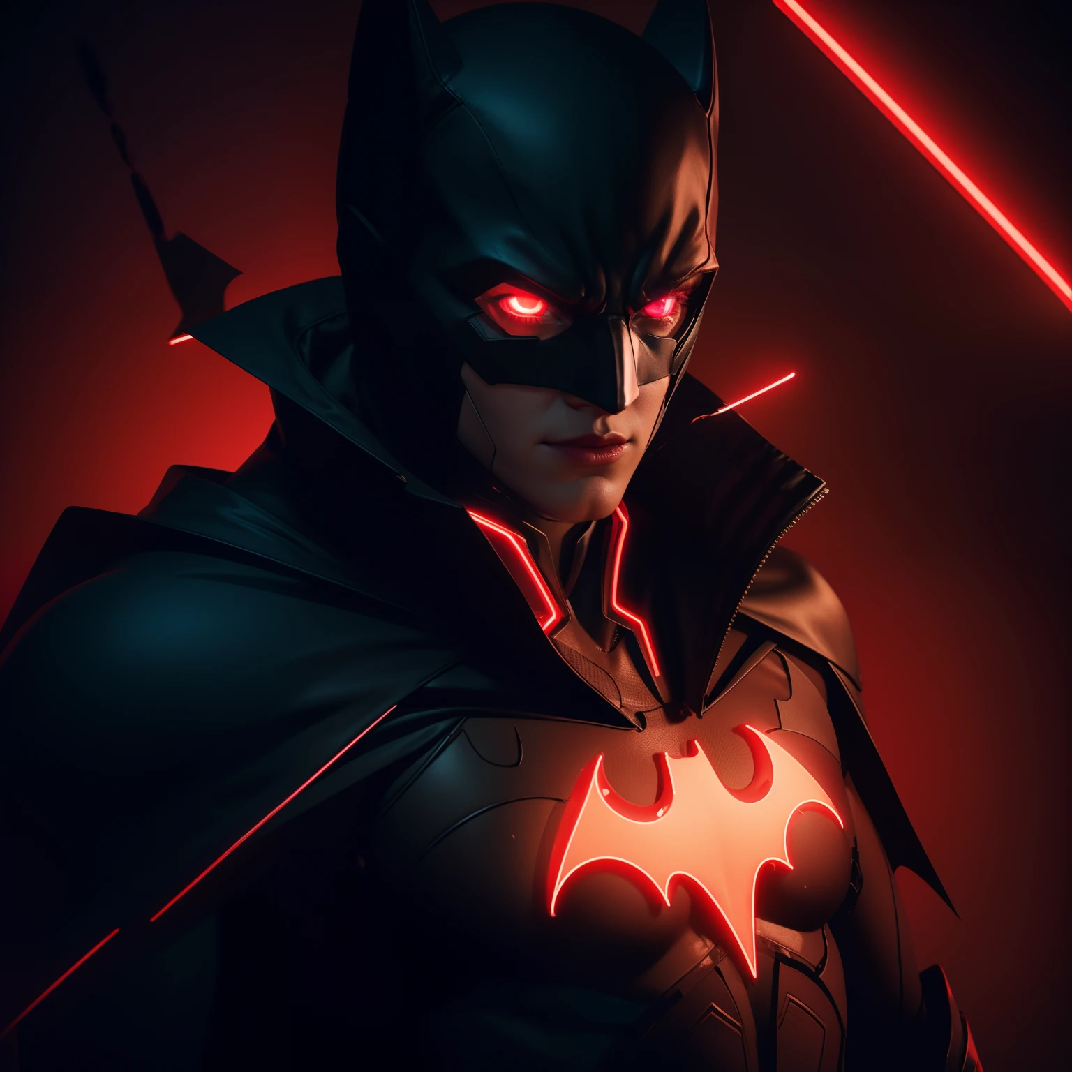 Batman with full body, glowing neck and neck piece in dark room, red glowing skin, red neon lights, neon light language, red and cinematic lighting, with glowing runes on the body, neon light showing injuries, red neon lights inside it, red neon light, inspired by Elsa Bleda, neon lit, glowing red, red lighting on their faces