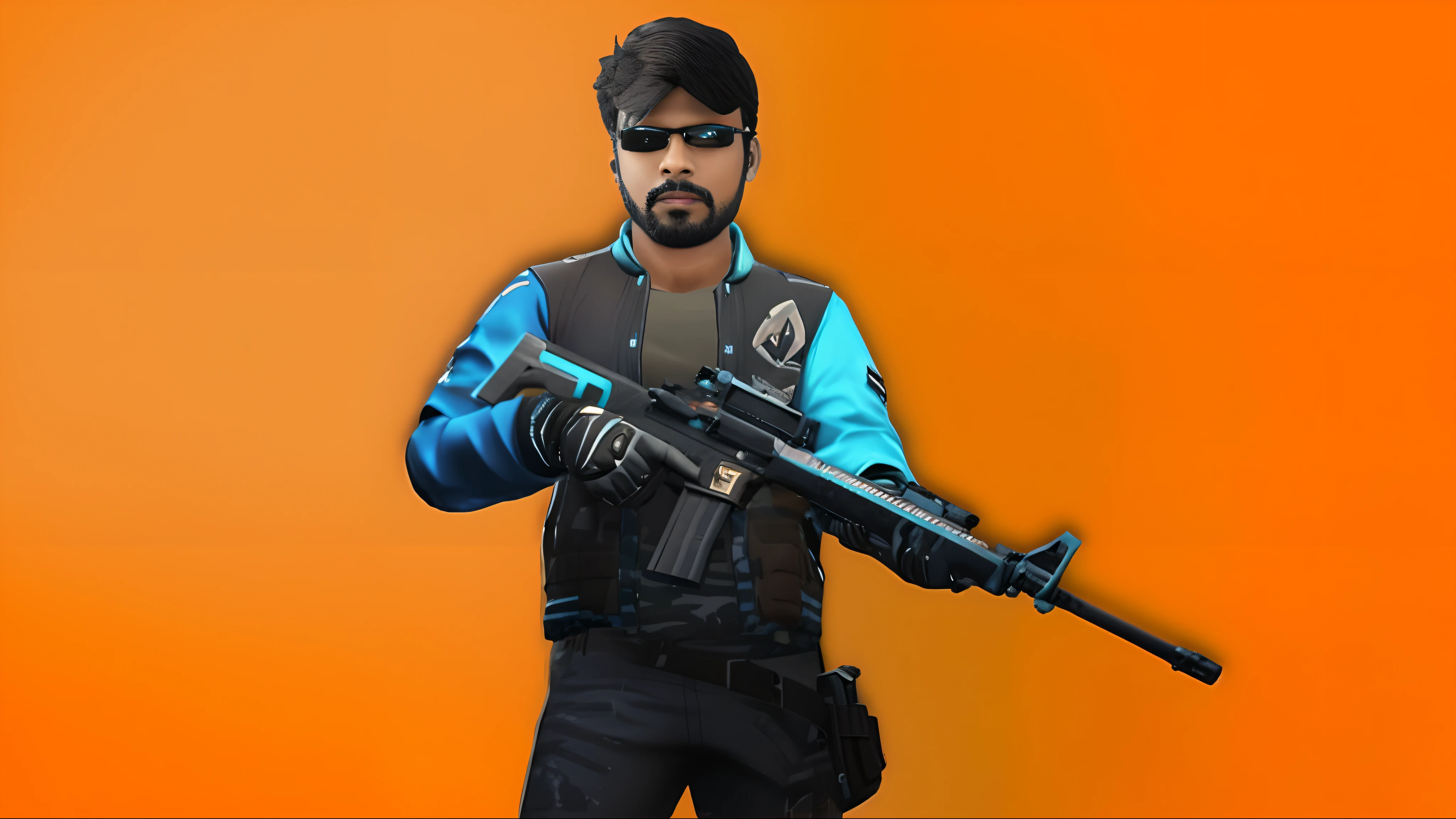 a close up of a man holding a rifle on an orange background, with rifle, mogul khan, with pistol, holding a mp7, shooting pose, holding pdw, jayison devadas style, as a fortnite character, wielding assault rifle, jayison devadas, as overwatch character, profile picture 1024px, valorant character, armed