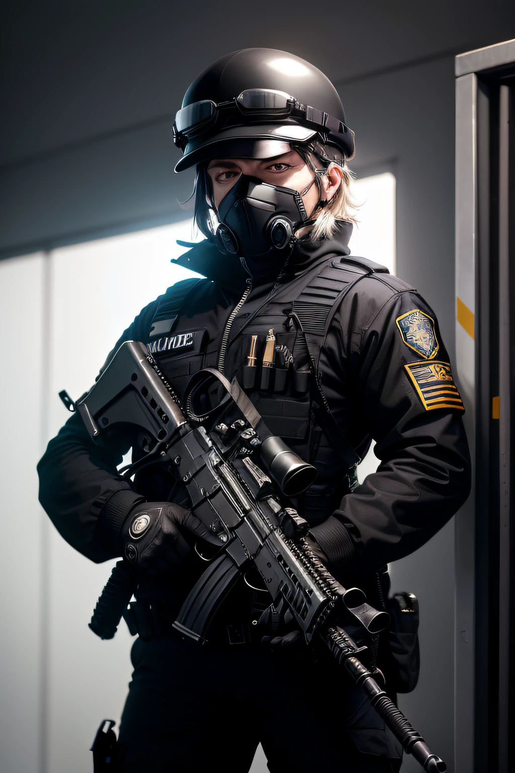 generate 8k image of police officer standing from the side, wearing black uniform, with black helmet, goggles, mask covering mouth and nose, holding a machine gun pointed downwards, against a white background backdrop
