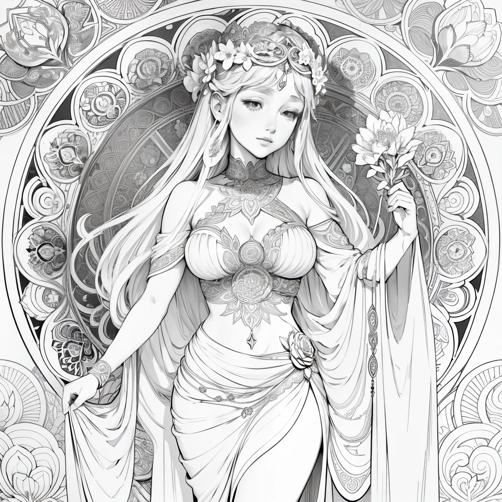 Flowers and goddess, ploynesian, garden, art for coloring book page, full white background, only use outline, line art, coloring book, clean line art, mandala for coloring with nature ornaments, simple and clean line art, coloring book page, adorned in Art Nouveau style, with a stroke of Alfons Mucha's brush, perfect details, real.