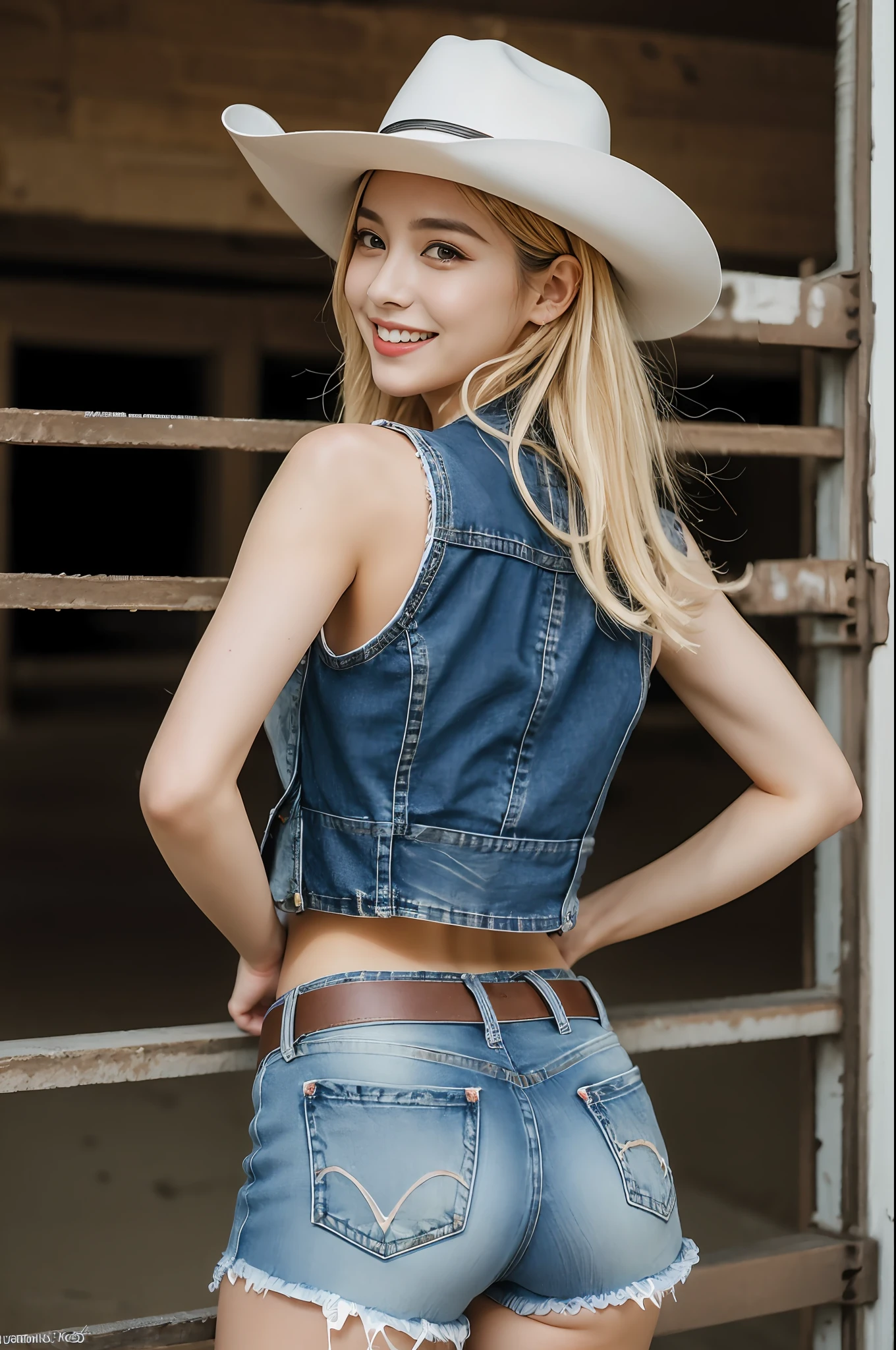 (((cowgirl costume))),(((wear a low waist denim shorts and a long western boots))),(((Photographing a girl from back))),(((wear a Western Hat))),(((wearing a leather belt))),(((wearing a leather vest and a plaid front-knot shirt))),(((bare inner thigh))),(((bare side breast))),(((Her hair is blonde))),ulzzang-6500-v1.1, (Raw photo:1.2), (Photo realistic:1.4), a beautiful detailed girl, extremely detailed eye and face, beautiful detailed eyes, ultra-detailed, High resolution, top-quality, ​masterpiece, highly detailed, 8k wallpaper, Wonderful, finely detail, top-quality, Light on the face,电影灯光,1girl in,(Fort Worth Stockyards Cowtown Coliseum),Beautiful eyes,smile,Opening Mouth